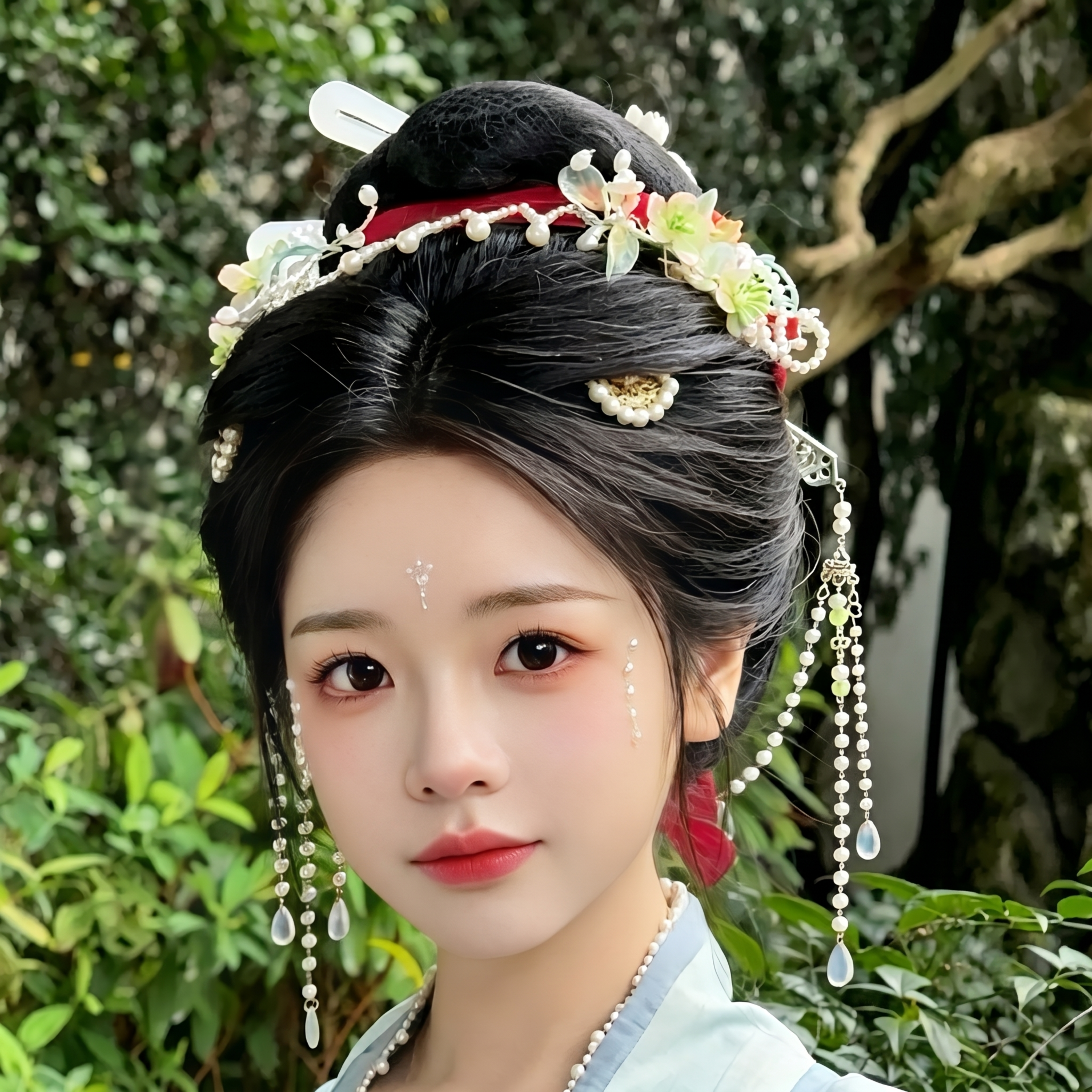 参考原图的脸部妆容、额间花钿和珍珠泪滴装饰，生成一张古风美女的… - 图片创意预览
