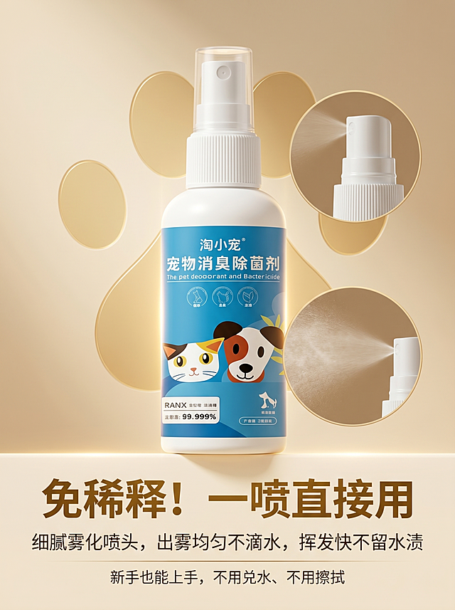[主图4]使用体验便捷省心宠物除臭喷雾主图；[氛围风格]轻奢温馨养宠氛围，暖调柔光；[画质]商业摄影质感，8K超高清，产品清晰真实画面干净高级；[元素]保持输入的宠物消臭除菌喷雾产品外观物理结构、材质质感、颜色与原图绝对一致，杜绝任何变形和色差，商品主体占比70%左右，背景为浅米色渐变，点缀浅金色爪印装饰，画面中展示细腻雾化喷头的特写小画中画，呈现出雾状喷出的轻柔效果，画面满屏无边框；[光影]暖调柔光均匀包裹产品，主光从侧前方打亮瓶身，辅光柔化阴影，点缀光勾勒产品轮廓，光比舒适无过曝，雾化喷雾部分呈现通透柔和的光效；[配色]主色调浅米色渐变，辅助色浅金色爪印，产品瓶身蓝白配色自然融入画面；[视角构图]平视视角，景深适中，产品居中放置，上下区域预留充足负空间放置文案，前中后景分层清晰；[文字版式]上下分栏排版，上方大字主文案为"免稀释！一喷直接用"，粗体无衬线大字号，下方小字副标题"细腻雾化喷头，出雾均匀不滴水，挥发快不留水渍"，字号为主文案的50%，最底部补充小标"新手也能上手，不用兑水、不用擦拭"，所有文字颜色为深棕金色，与浅米色背景形成高反差，文字不遮挡产品主体；[比例分辨率]3:4比例，2K分辨率，文字清晰锐利；[负向提示词]变形，水印，文字错乱，产品图模糊，背景杂乱，色差严重