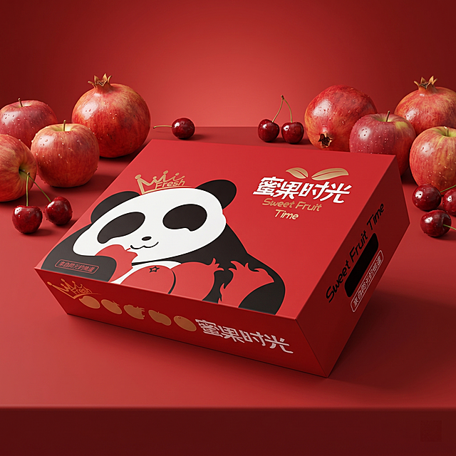 超写实食品场景摄影。主体：水果礼盒严格参照上传产品图，完整保留所有可见组件、轮廓形状、结构、比例、材质质感、颜色与上传图完全一致，杜绝任何变形、色差、组件缺失、结构偏差，产品位于画面黄金主导位，为画面唯一视觉焦点，镜头对焦产品清晰锐利。构图：黄金分割，微侧10°平视视角。场景：红色哑光质感桌面，背景为同色系渐变红色，背景中自然散落摆放新鲜饱满的石榴、苹果等红色系鲜果，水果表面带有自然光泽与水珠，整体氛围喜庆浓郁。配色：主色调为正红色，搭配鲜果的自然色彩，整体和谐统一。光影：主光从产品斜前45°方向照射，柔和均匀照亮礼盒正面，水果表面呈现细腻高光，桌面带有自然柔和的产品投影。参数：4K写实光追，画面质感细腻真实。严格锁定宽高比为16:9