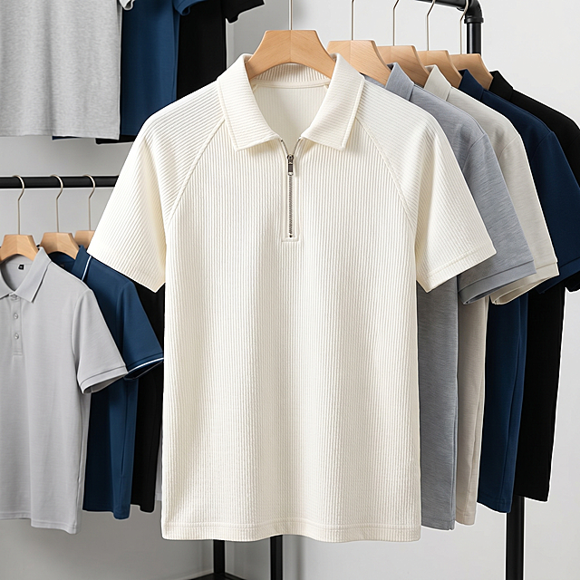 高端商业服装挂拍。
主体：上装严格参照上传产品图，完整保留所有可见组件、部件、本体几何轮廓、结构、比例、材质质感、颜色与上传图完全一致，将原有黑色衣架替换为简约木质衣架，保留背景后排完整的衣服，整体颜色尺寸保持不变，杜绝任何变形、色差、组件缺失、结构偏差，产品占画面75%，核心展示面完整不裁切，近景构图，绝对前景主导，背景保留其他同品类衣服做衬托。
呈现模式：A棚拍
构图与使用状态：平视，挂拍悬垂。
风格：极简棚拍
场景概念：服装店铺展示背景。
承载与陪衬：①主体产品悬挂，简约浅原木色木质衣架；②主体后方，一排完整挂放的同系列T恤衣服，错落排列。
配色：主体米白色，背景浅灰调，衣架原木色，后排衣服包含浅灰/深蓝色/黑色，画面颜色：米白/浅灰/原木色/深蓝/黑色。
光影：主光从斜前方45°侧入，柔光漫射，针织面料漫射柔光，金属拉链有镜面反光，整体画面明亮自然，无明显硬阴影。
参数：4K写实，严格锁定宽高比为 1152:1152。