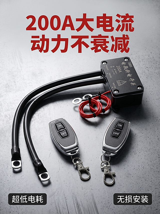 基于原图，生成简约工业风电商主图，突出产品200A大电流遥控断电卖点，背景为深灰色工业质感纹理，保留产品位置与角度不变，比例3:4，4K超清画质，添加红色醒目标题文字"200A大电流 动力不衰减"