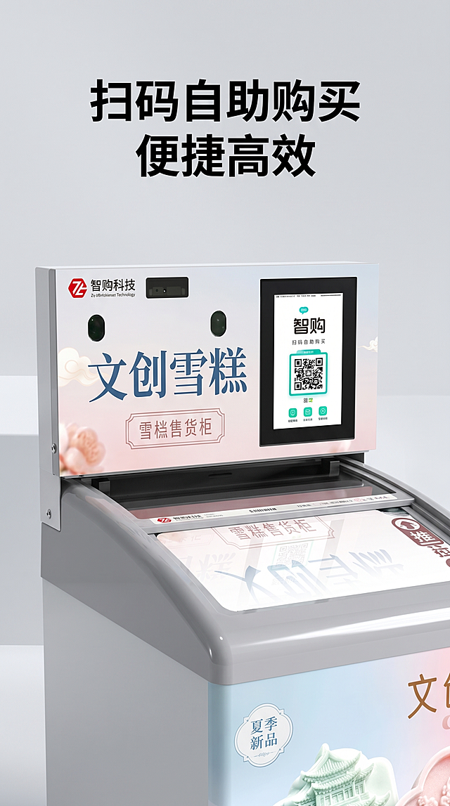 淘宝电商产品详情图，9:16竖版，展示顶部智能扫码操作屏，文案"扫码自助购买 便捷高效"，主标题26px黑色字体，简洁背景突出操作屏功能，现代简约高端风格，高清细节，符合淘宝电商详情页规范