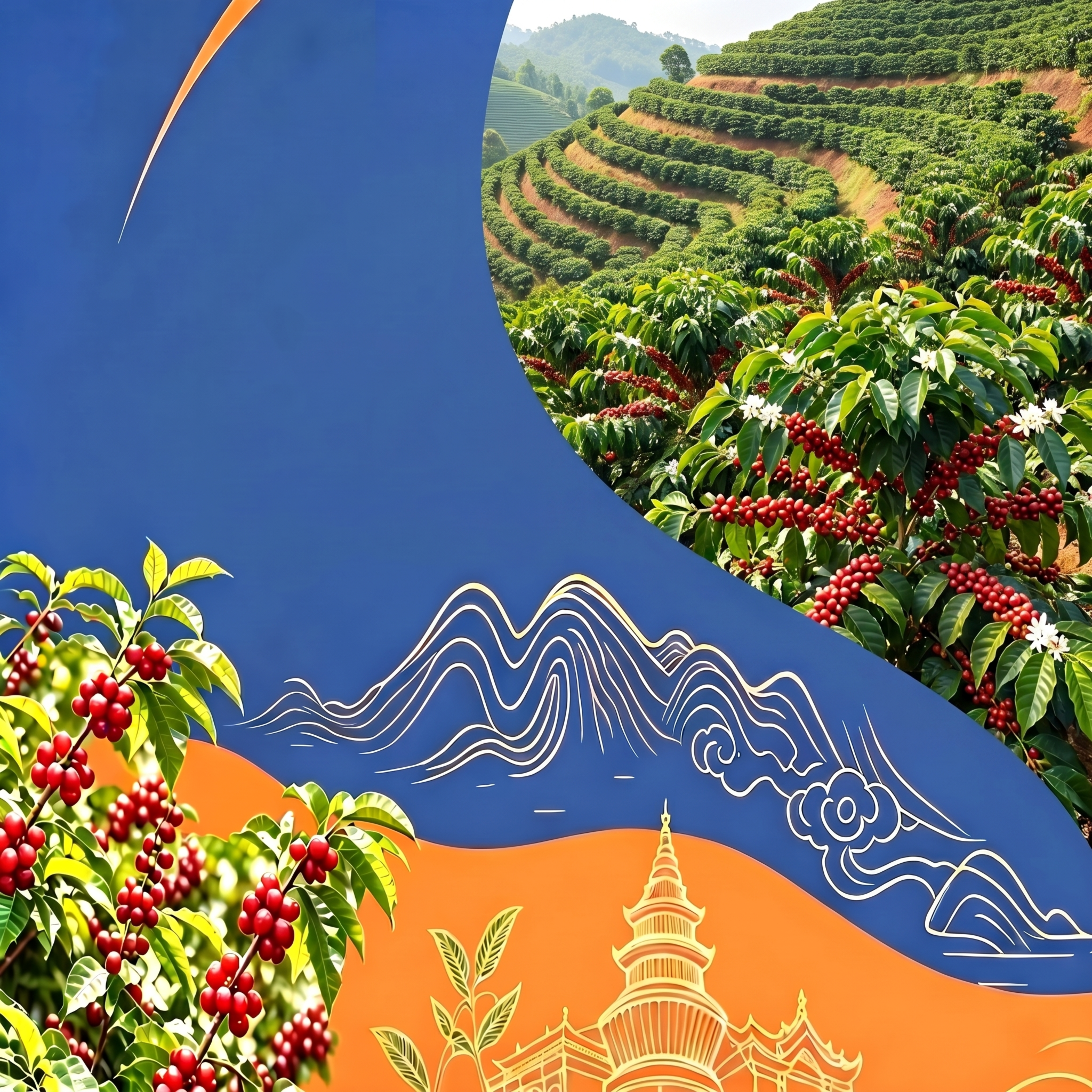 将图片右侧山林区域替换成真实感强的咖啡种植山，保持原有区域范围… - 图片创意预览