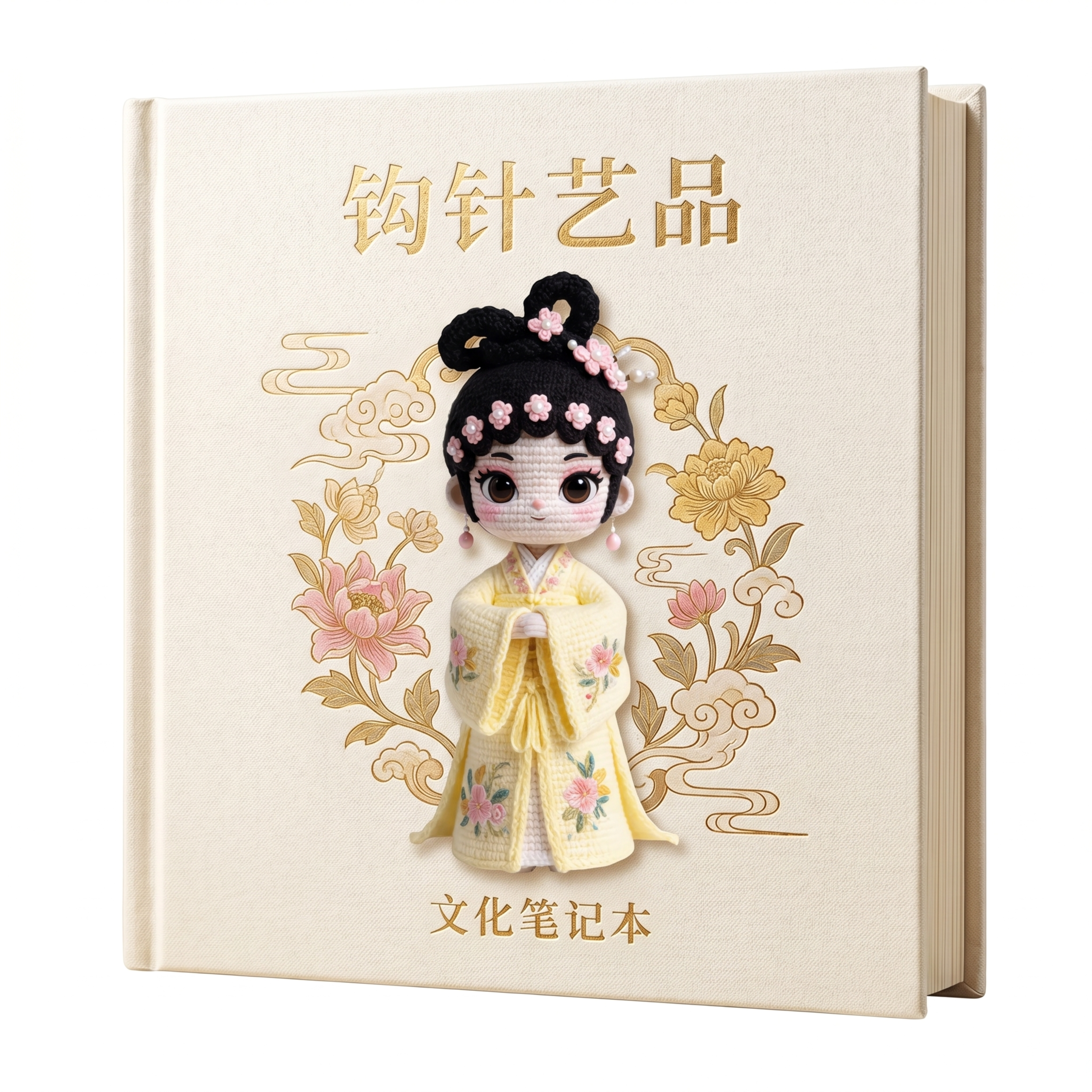 将钩针黄色古风IP形象做成文创笔记本周边商品图，黑色背景，契合… - 图片创意预览