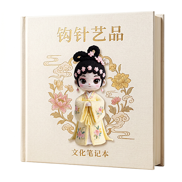 将钩针黄色古风IP形象做成文创笔记本周边商品图，黑色背景，契合IP个性与文创定位，高品质，4K，产品质感清晰，视觉干净高级，适合印刷无阴影，高级感和设计感，方形笔记本封面展示