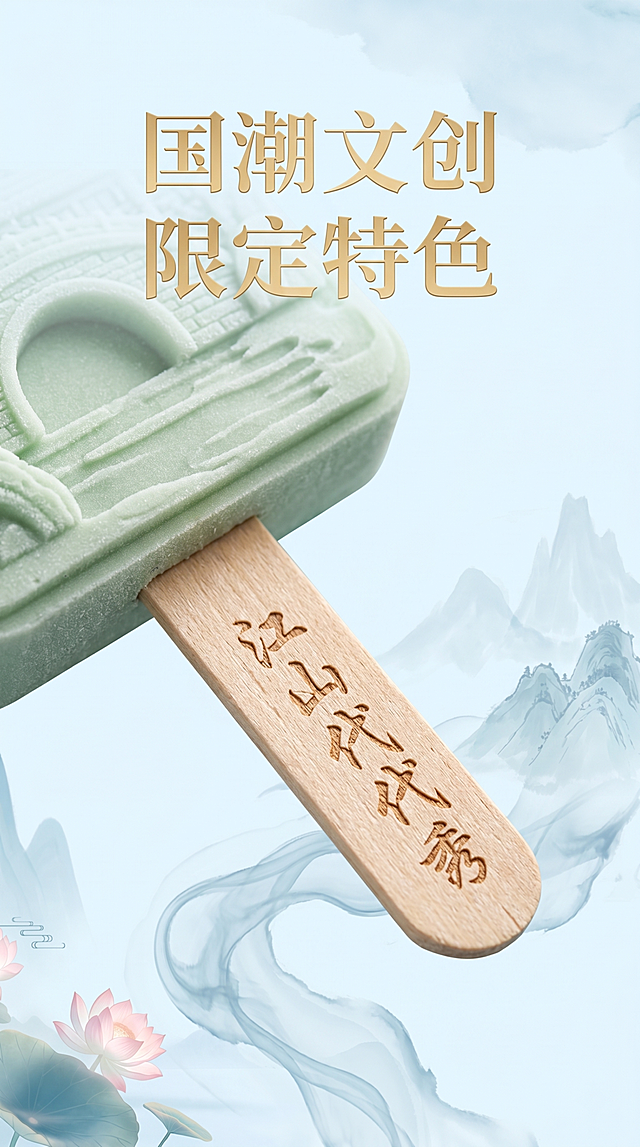淘宝电商产品详情图，9:16竖版，展示冰棒木棍上的国风文字雕刻细节，文案"国潮文创 限定特色"，主标题26px金色字体，淡蓝色水墨背景，突出国风设计细节，现代简约高端风格，高清细节，符合淘宝电商详情页规范
