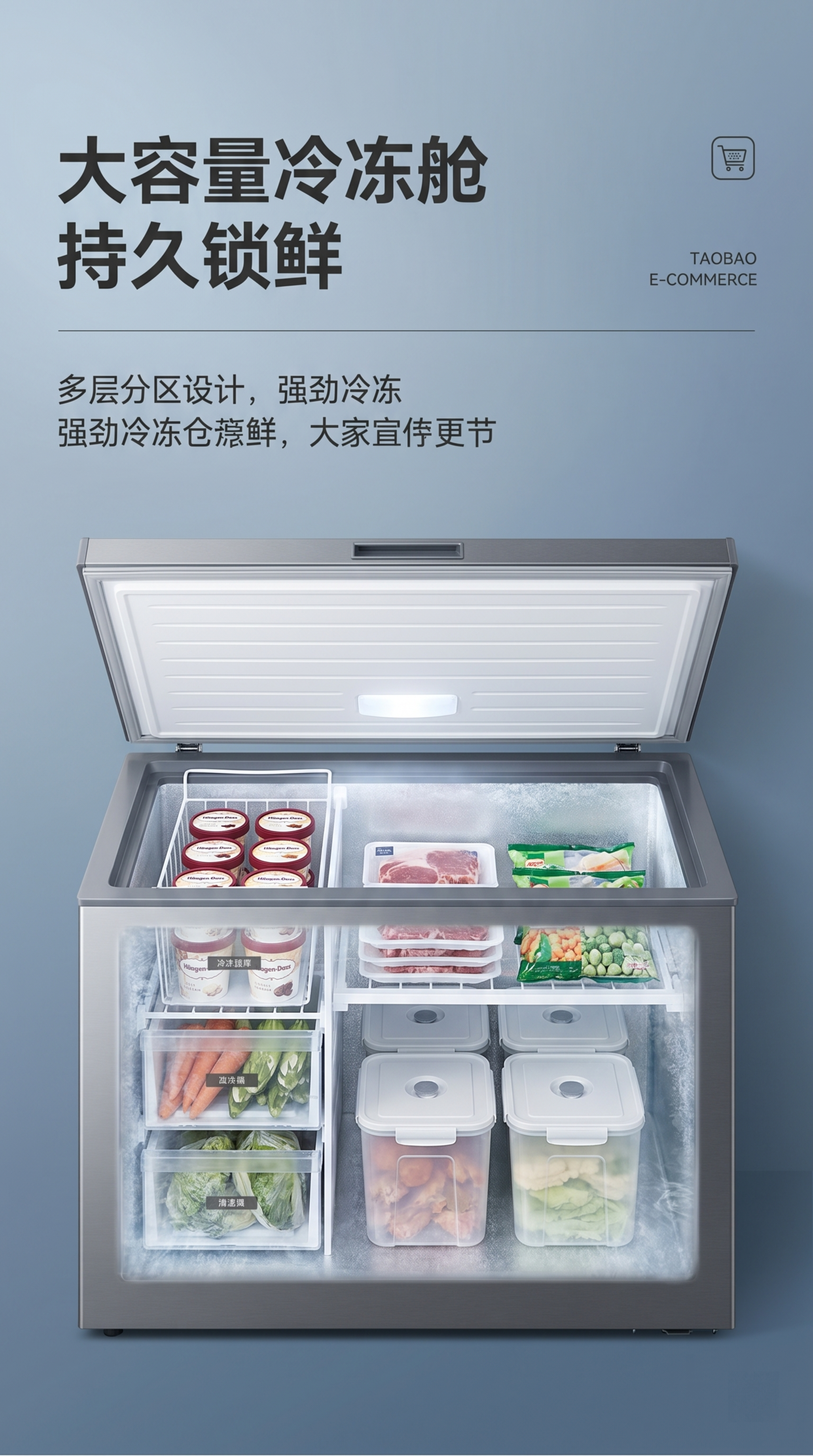 淘宝电商产品详情图，9:16竖版，展示内部大容量保鲜冷冻空间，… - 图片创意预览