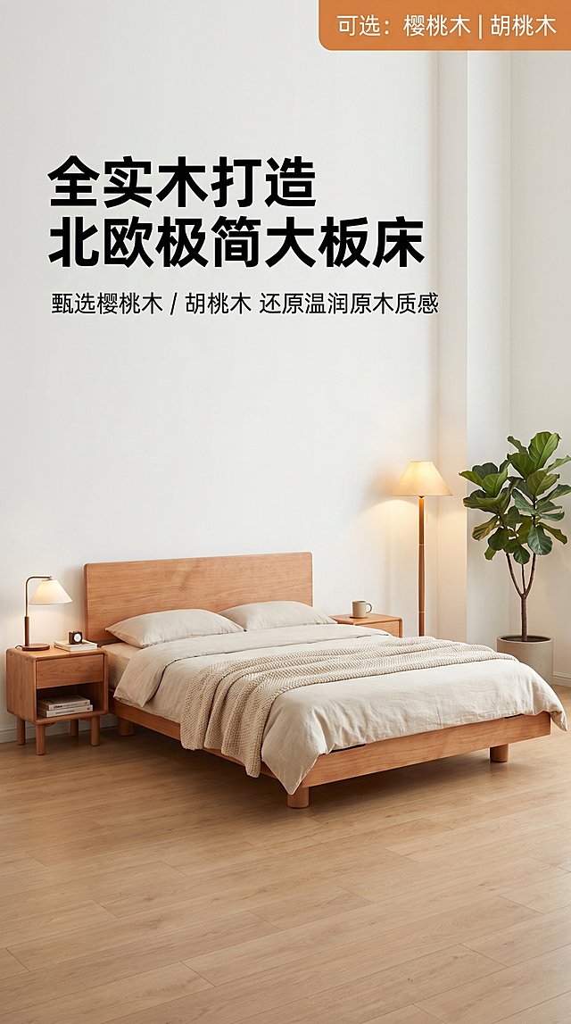 4K商业实拍北欧风卧室全景，9:16竖版，樱桃木实木大板床居中展示，保留产品结构、圆柱形床脚和材质与参考图一致。搭配浅色系床品，两侧放置同色系原木床头柜，一侧放置原木落地灯，角落放一盆绿植，背景为干净白墙，地面铺浅木色地板，整体暖光柔光氛围，画面干净通透。
排版：顶部放置主标题“全实木打造 北欧极简大板床”，主标题下方居中放置副文案“甄选樱桃木 / 胡桃木 还原温润原木质感”；右上角添加暖调小色块，标注文字「可选：樱桃木| 胡桃木」，不遮挡画面主体。标准竖版电商主图构图