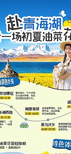赏花季初夏旅行青海湖旅游油菜花田清新拼贴风旅游社旅游全屏竖版海报