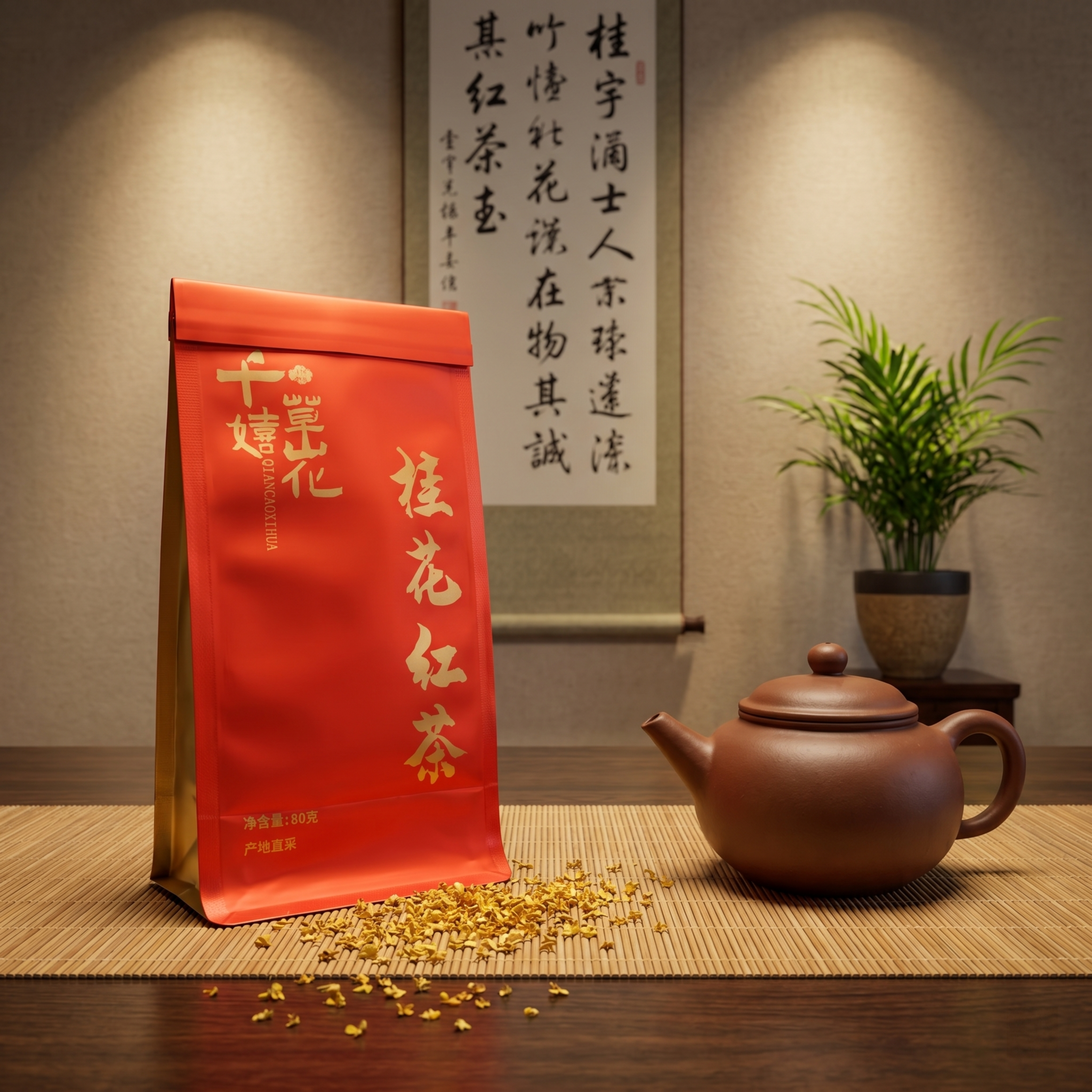 超写实商品场景摄影，4K画质。千草嬉花桂花红茶袋装，包装是红色… - 图片创意预览