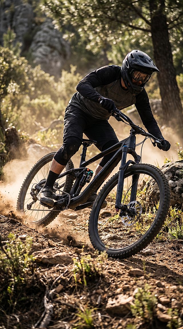现实版车手骑着山地车在野外穿越，保留原单车后胆细节，确保后胆不发生变形和变化，4K超清画质，真实户外场景，照片级写实风格
