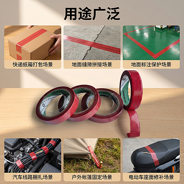 胶带，严格参照上传产品图，完整保留所有可见组件、部件、轮廓形状、结构、比例、材质质感、颜色与上传图完全一致，杜绝任何变形、色差、组件缺失、结构偏差。
电商功能展示图，参考图用途广泛版式布局，自然暖色调。
网格布局展示胶带多种用途，顶栏添加大标题文字"用途广泛"，下方分六格展示不同应用场景，自然光侧入方向（还原参考图光影方向），产品受光面泛起浅木暖调、暗部映射浅灰色光晕，与环境物理融合。
产品位置居中对称构图，整体稳定规整，微俯20°视角，相似度控制在50%。
全量换款清单：①标题：参考图黑色文字"用途广泛" → 生成图保留文字内容和顶部位置，仅微调字体大小和字重；②第一行第一格：参考图包装封箱场景 → 生成图快递纸箱打包场景，同桌面木质承载；③第一行第二格：参考图地毯拼接场景 → 生成图地面缝隙拼接场景，同水泥地面承载；④第一行第三格：参考图地膜保护场景 → 生成图地面标注保护场景，同绿色地面承载；⑤第二行第一格：参考图汽车行业场景 → 生成图汽车线路捆扎场景，同汽车发动机舱环境；⑥第二行第二格：参考图帐篷粘贴场景 → 生成图户外帐篷固定场景，同户外草地环境；⑦第二行第三格：参考图电动车座椅修补场景 → 生成图电动车座面修补场景，同黑色座面承载；每个场景的胶带位置和展示方式保留参考图骨架，全量替换具体场景细节，不与参考图完全相同。
去除上传图中的促销文字、标签、水印、排版图层等非产品本体元素，仅保留产品logo与必要规格信息，严格锁定宽高比为 1:1。4K 分辨率