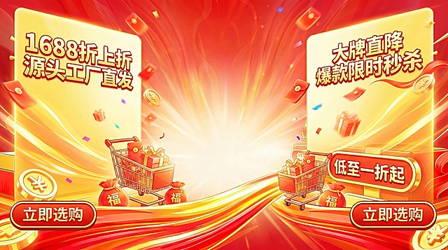使用上传的第三张图片作为背景，移除中间的留白方框和上方的'低价狂欢购 好礼送不停'文字，让整个画面和背景保持一致。将左右两侧的购物车放大，保留左右两侧广告文字'1688折上折源头工厂直发'、'大牌直降爆款限时秒杀低至一折起'，保留左下角和右下角的'立即选购'按钮，保持背景整洁不复杂，保留电商促销氛围。