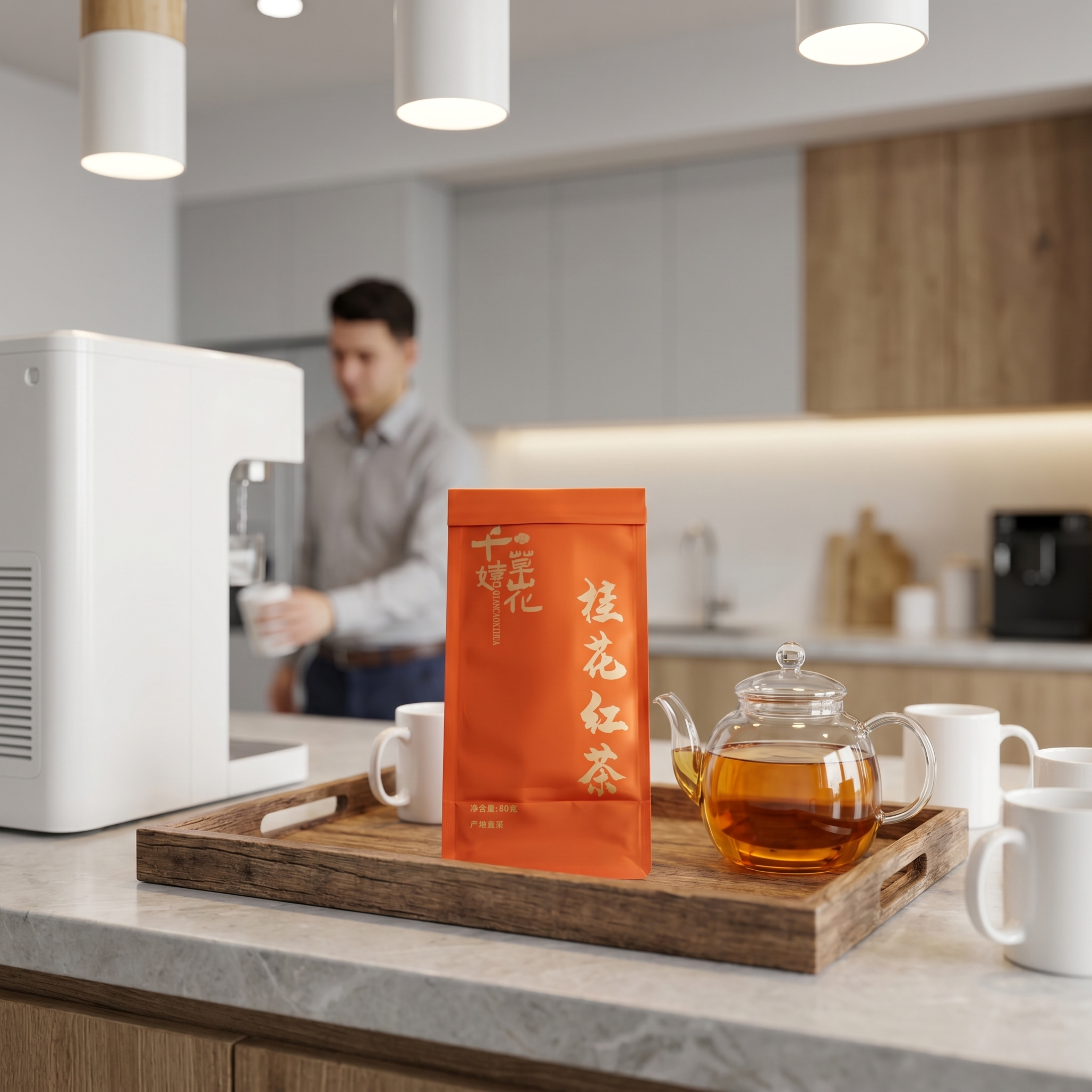超写实商品场景摄影，4K画质。 主体：桂花红茶茶叶包装袋严格参… - 图片创意预览