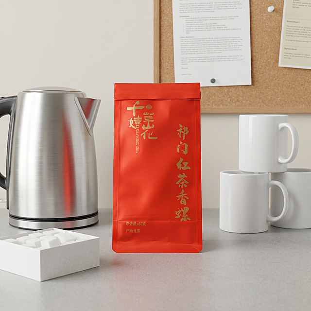 超写实商业产品摄影。
主体：茶叶包装袋严格参照上传产品图，完整保留所有可见组件、部件、轮廓形状、结构、比例、材质质感、颜色与上传图完全一致，杜绝任何变形、色差、组件缺失、结构偏差。产品位于画面正中央，居中特写，背景无其他同类茶叶产品。
构图：产品居中特写，平视取景。
风格：高效便捷办公风。
场景：办公室茶水间。
空间：① 浅灰色人造石台面，哑光浅灰色；② 背景墙面浅米色，挂着软木公告板。
陈设：① 台面中央，祁门红茶香螺袋装产品立放展示；② 产品左侧，一个不锈钢电热水壶，银色金属质感；③ 产品右侧，三个白色公用陶瓷杯子叠放；④ 产品前方，一盒方形白色方糖，纸质包装。
配色：主色调浅灰+米白，点缀银色、白色，画面颜色：浅灰 / 米白 / 银色 / 白色 / 红色包装。
材质：人造石台面 / 不锈钢 / 陶瓷 / 纸质包装。
光影：主光从产品正前方30°射入，均匀明亮的白光，整体画面光线均匀清晰，没有明显硬阴影，包装红色质感突出。
去除上传图中的促销文字 / 标签 / 水印 / 排版图层等非产品本体元素，仅保留产品 logo 与必要规格信息。严格锁定宽高比为 1:1。