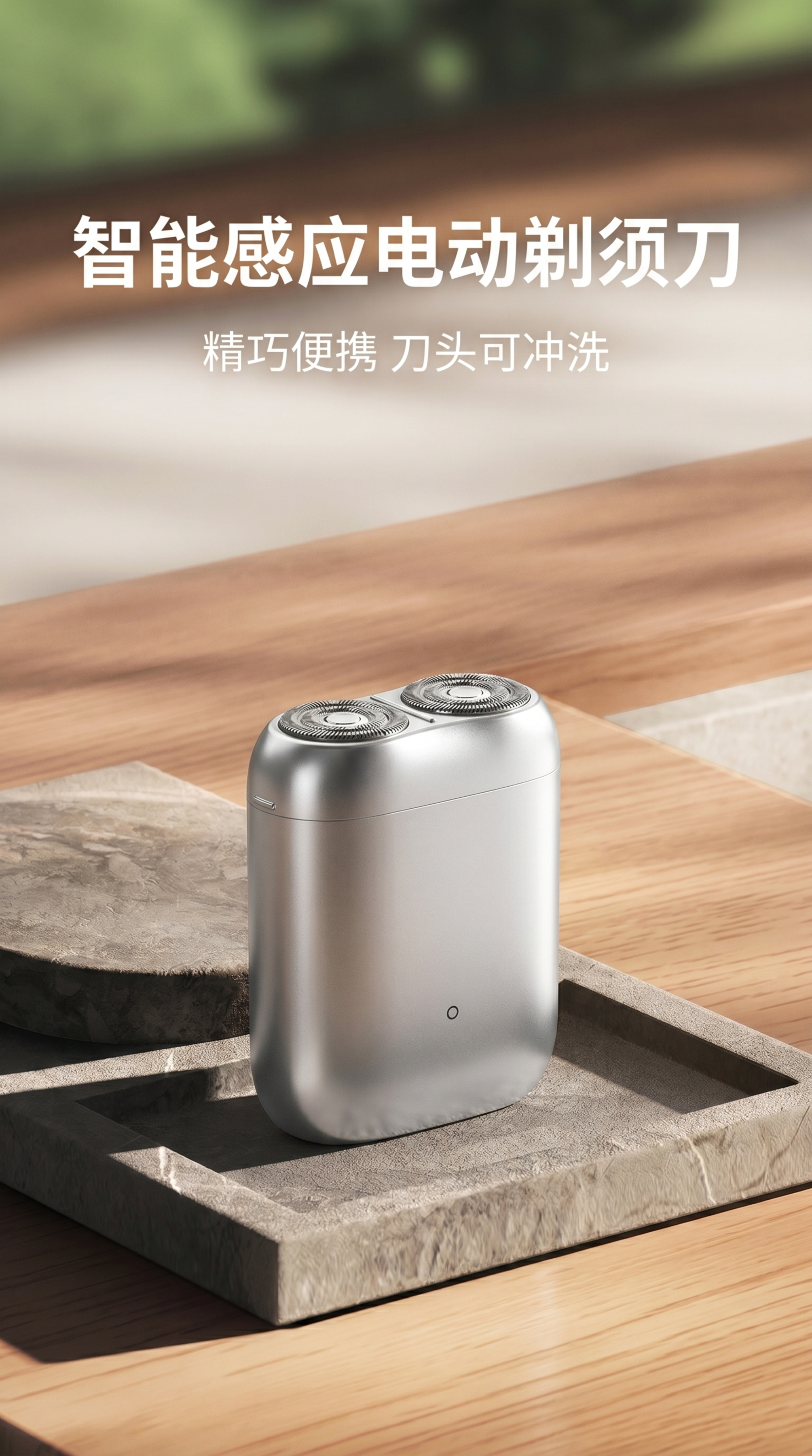 保留原图的背景构图：木质桌面和石材底座，将图中原来的深色剃须刀… - 图片创意预览