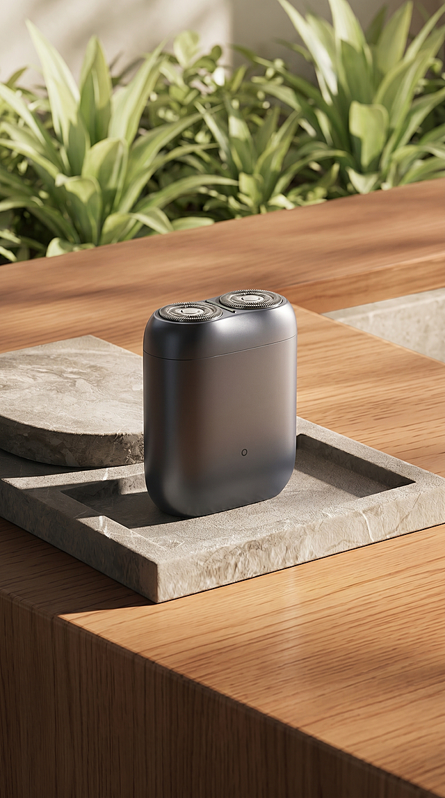 剃须刀严格参照上传产品图https://gdesign-dam-hz.dancf.com/36472035986221212/6fab5fd7f7664cb886bbf8946ad18a43.jpg，完整保留所有可见组件、部件、轮廓形状、结构、比例、材质质感、颜色与上传图完全一致，杜绝任何变形、色差、组件缺失、结构偏差。
室内桌面场景，自然暖棕色调。
产品放置于石质托盘上，搭配木质桌面空间，侧前方自然漫射自然光，还原参考图光影方向，产品受光面泛起暖棕木色，暗部映射浅石色光晕，与环境物理融合。
产品位于画面中心偏下，特写构图，微侧偏转25°视角，静态放置。
全量换款清单：①背景绿植：参考图模糊绿色背景 → 生成清晰浅调绿色植物背景；②桌面：参考图浅棕色实木桌面 → 生成中棕色直纹实木桌面；③承载托盘：参考图灰色石面凹槽托盘搭配圆形石板 → 生成浅灰色石面凹槽托盘搭配方形石板；④纹理与排版：完全去除原产品图中的促销文字和排版元素。
消除所有营销文字、促销标签，仅保留产品本体。
4K分辨率，严格锁定宽高比为 9:16