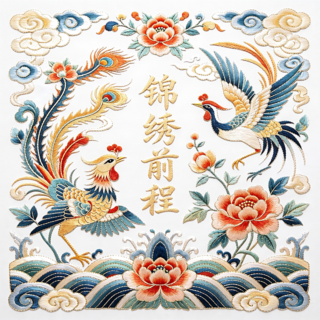 去除右下角的水印，增强刺绣纹理的细节，提升图片整体清晰度，将图片转为高清画质，保留原刺绣图案、颜色和文字设计