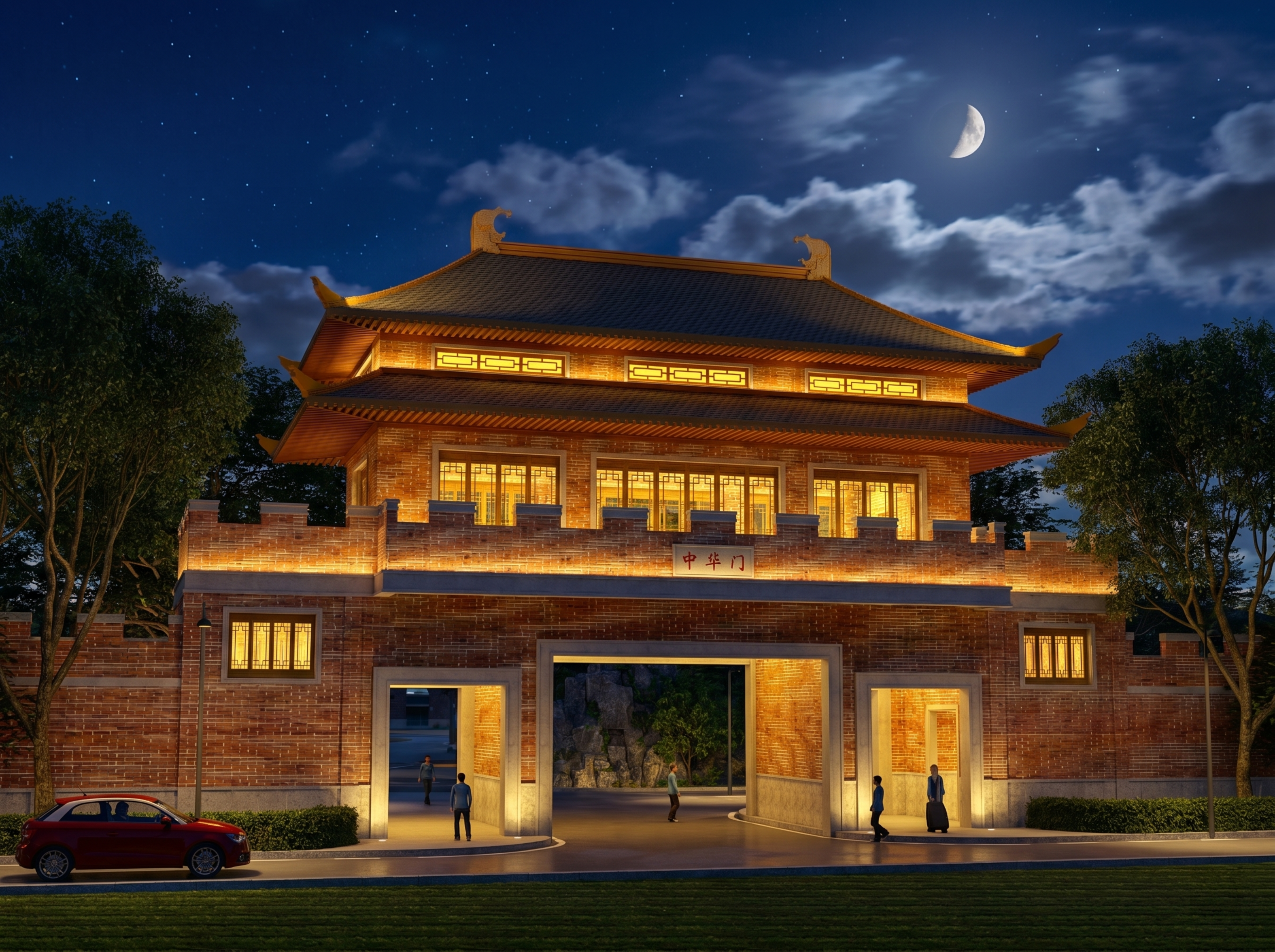 将这张中华门门楼效果图修改为4K夜景，点亮建筑窗户灯光，搭配夜… - 图片创意预览