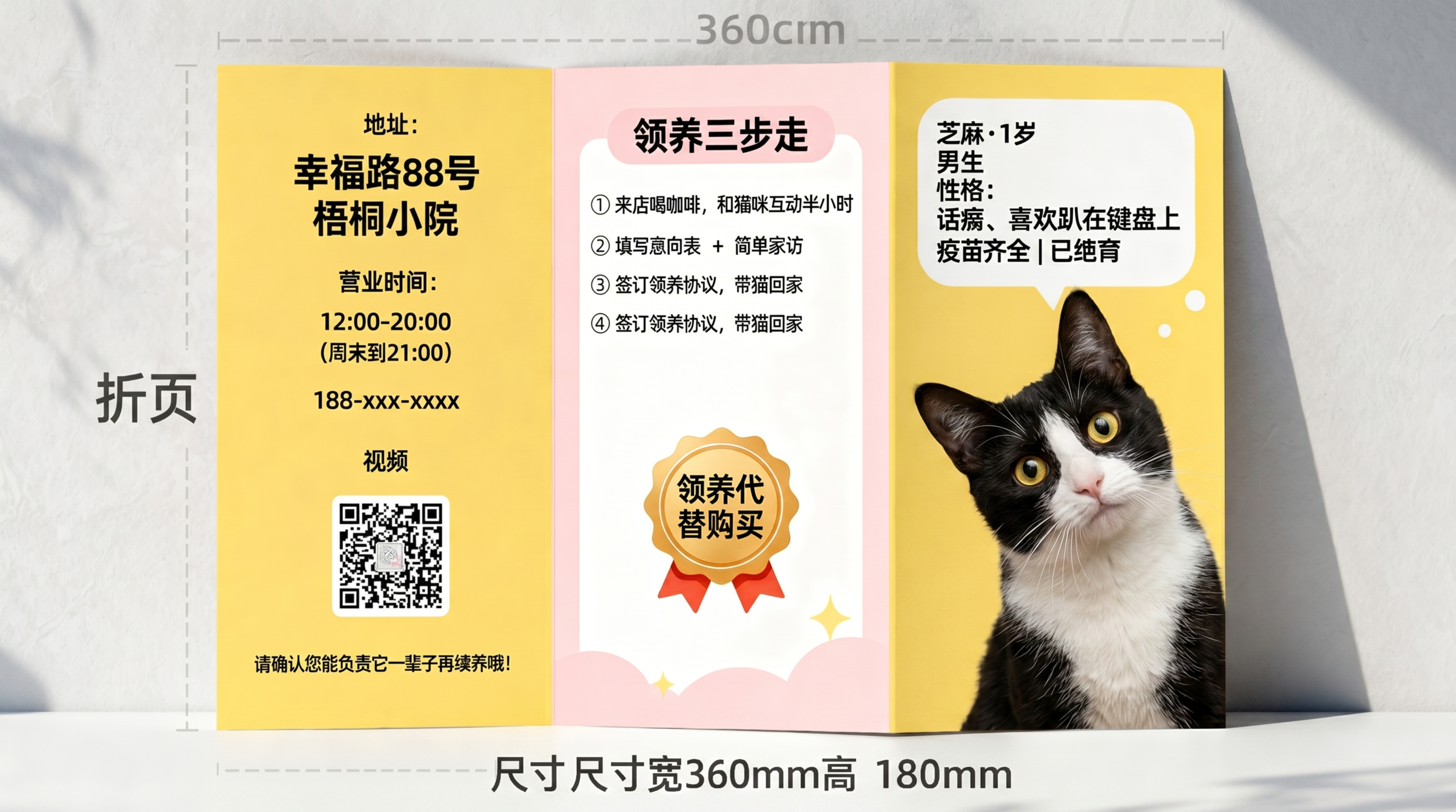 修改这张猫咖领养手册反面，将最右面板的奶牛猫卡通插画换成真实摄… - 图片创意预览