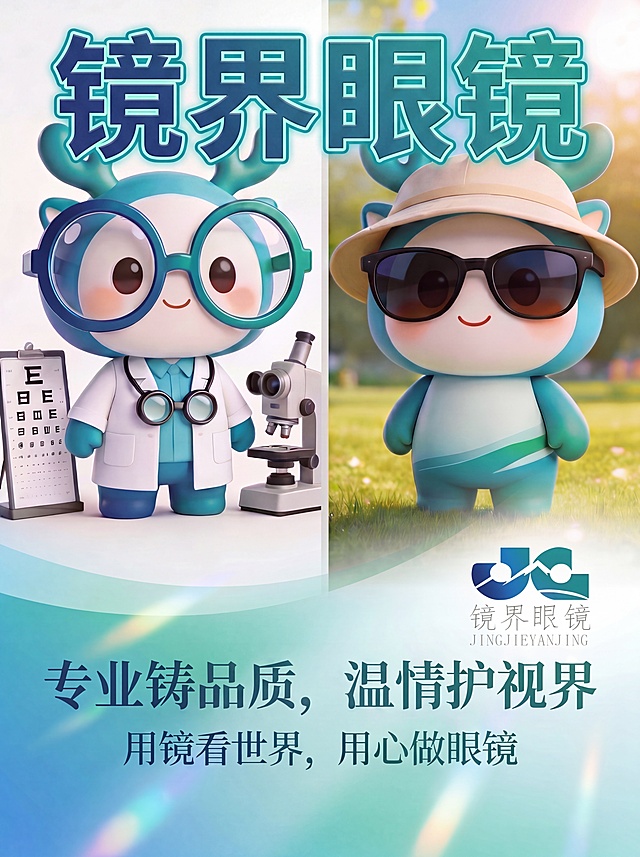在原图基础上调整文字：将中间竖排‘镜界眼镜’设为大标题，字体加大，并添加符合蓝绿色主色调的描边；下方两行宣传语‘专业铸品质，温情护视界’和‘用镜看世界，用心做眼镜’字体缩小，整体保持和谐统一