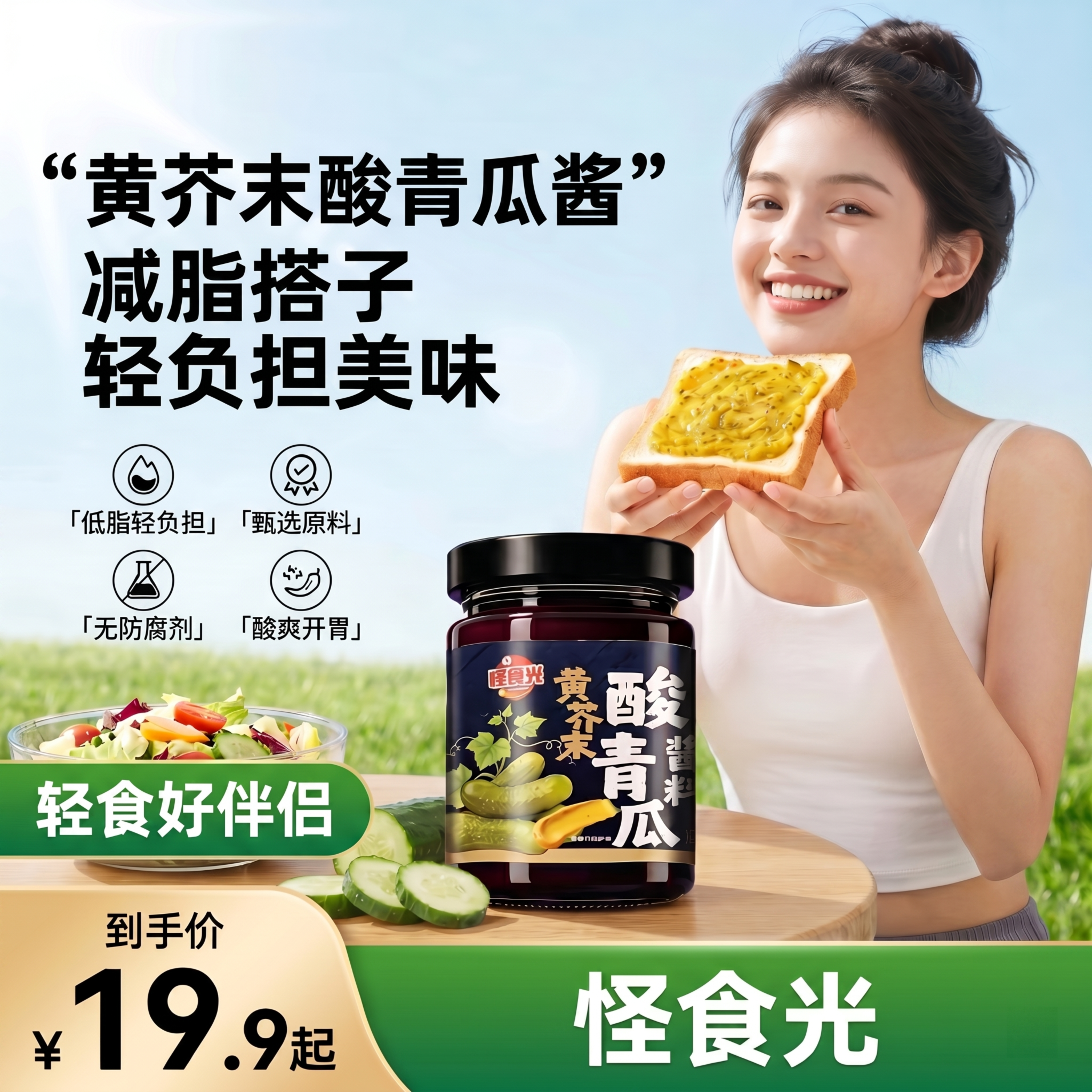 在现有图片桌子上保留黄芥末酸青瓜酱料产品位置，调整人物身材使其… - 图片创意预览