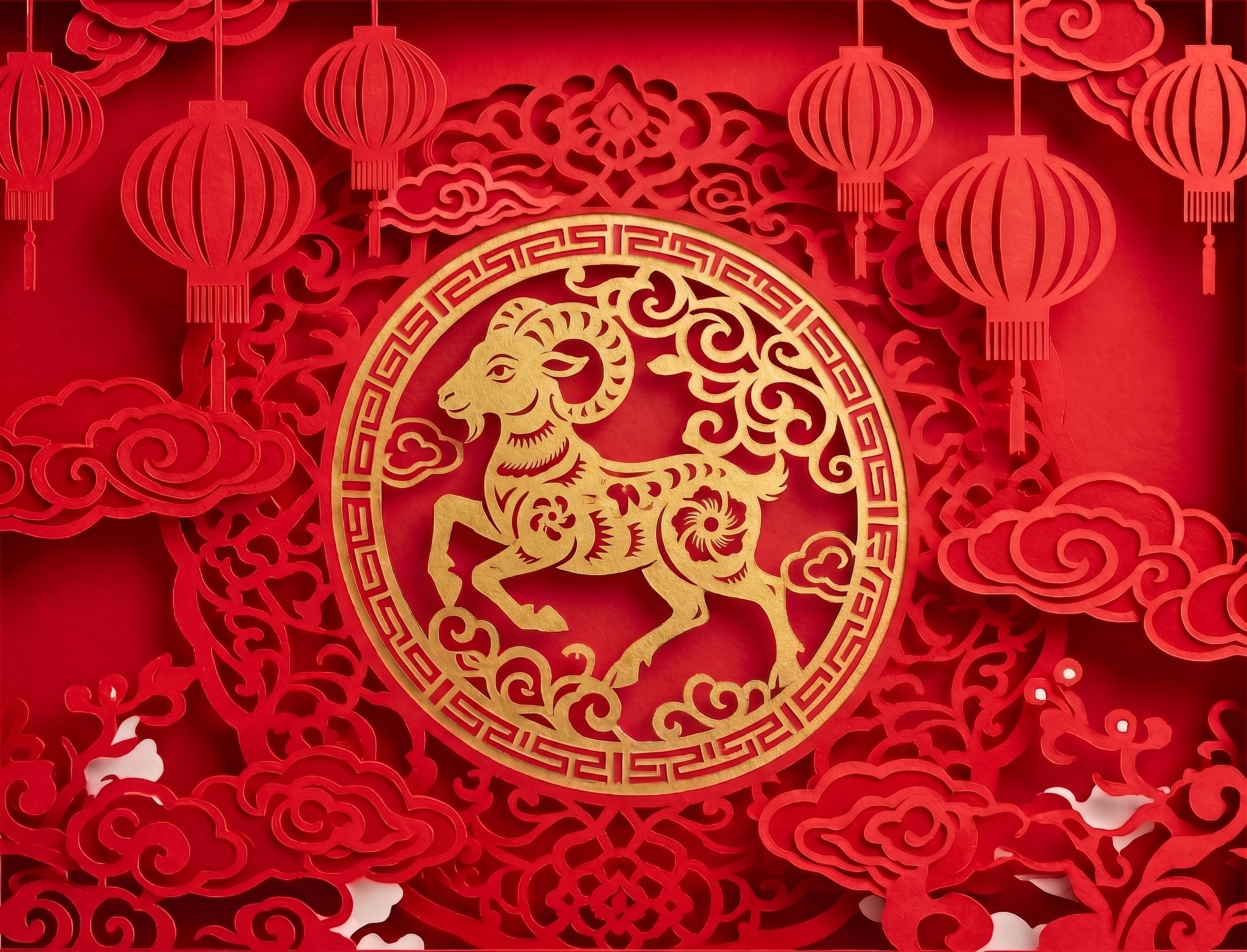 将图片中间原本马的元素替换为奔跑姿态的金色瑞羊，保持整体红色剪… - 图片创意预览