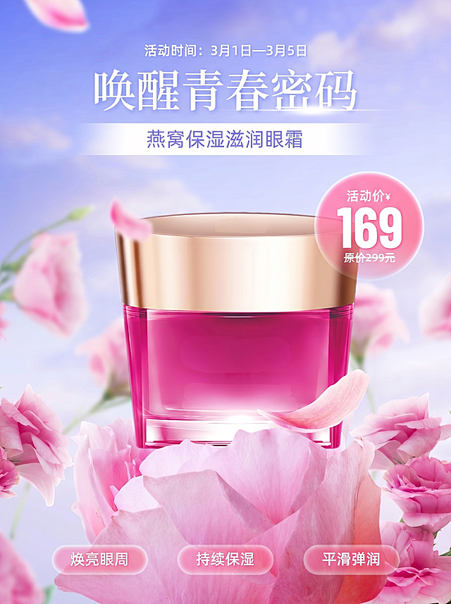 参考提供的效果参考图，设计一张燕窝保湿滋润眼霜的营销海报，将商品图放置在海报中心，背景为渐变蓝天搭配粉色玫瑰花和玫瑰花瓣，顶部文字为"活动时间：3月1日—3月5日"、大标题"唤醒青春密码"、产品名称"燕窝保湿滋润眼霜"，右侧圆形标签标注"活动价¥ 169 原价299元"，底部三个圆角按钮分别标注"焕亮眼周"、"持续保湿"、"平滑弹润"，整体风格清新美妆护肤风，构图和文案和参考图保持一致