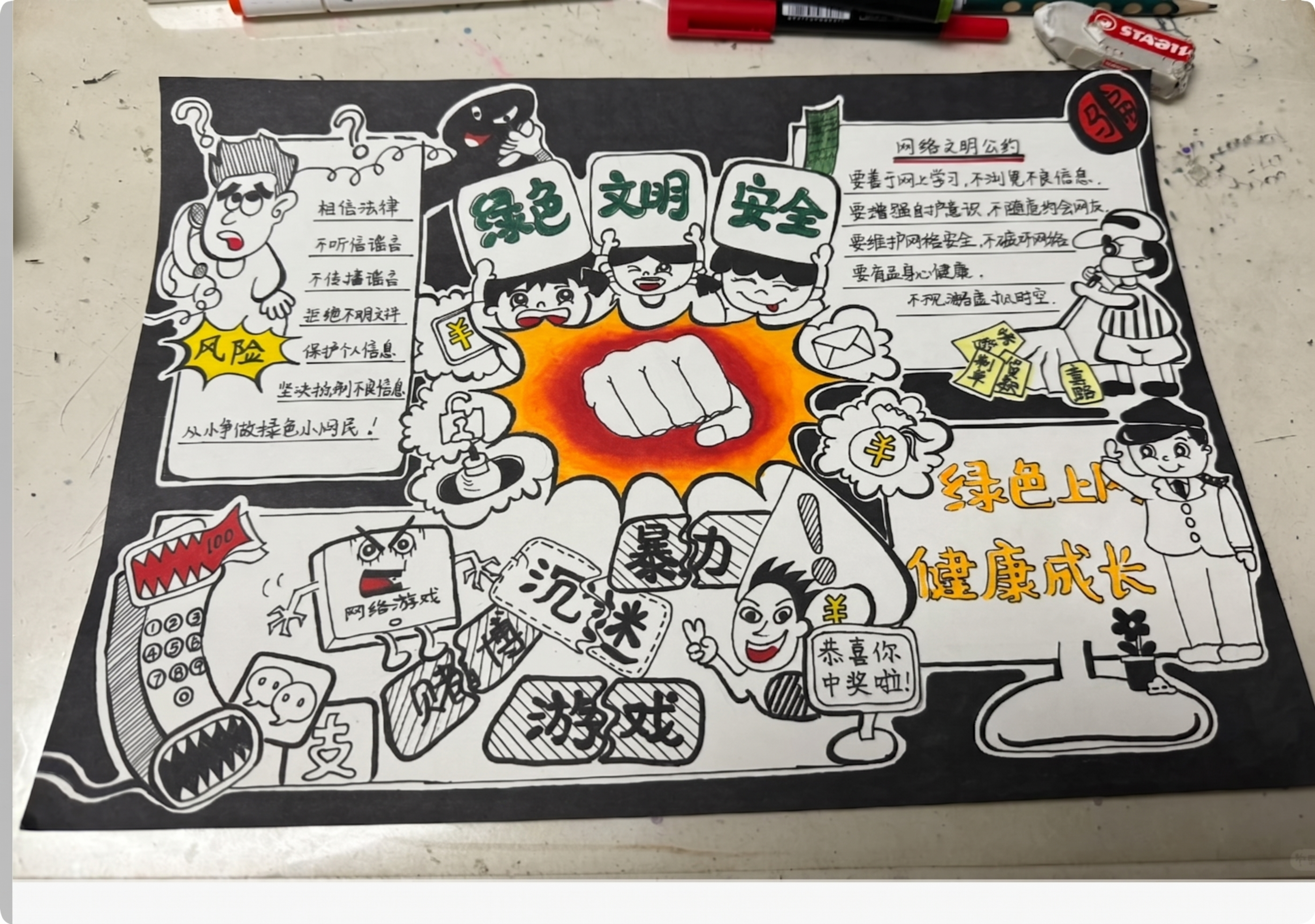 基于参考图重新生成一张网络安全主题手抄报，黑白为主色调，使用红… - 图片创意预览