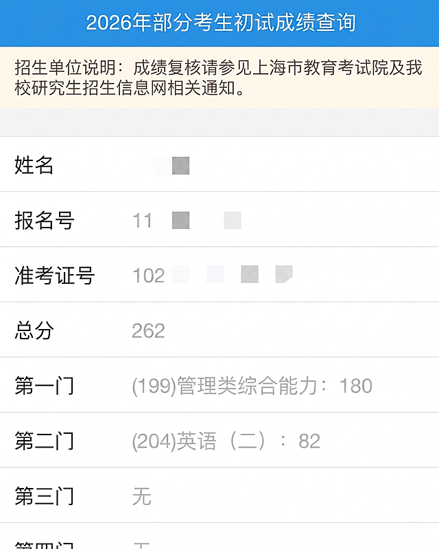 制作一张考研初试成绩查询页面截图，保持原有排版风格：顶部蓝色栏标题为2026年部分考生初试成绩查询，保留招生单位说明文字，保留姓名、报名号、准考证号项目，总分显示262，第一门管理类综合能力显示180，第二门英语二显示82，删除原图片中的黄色大字文字，保持原有界面样式