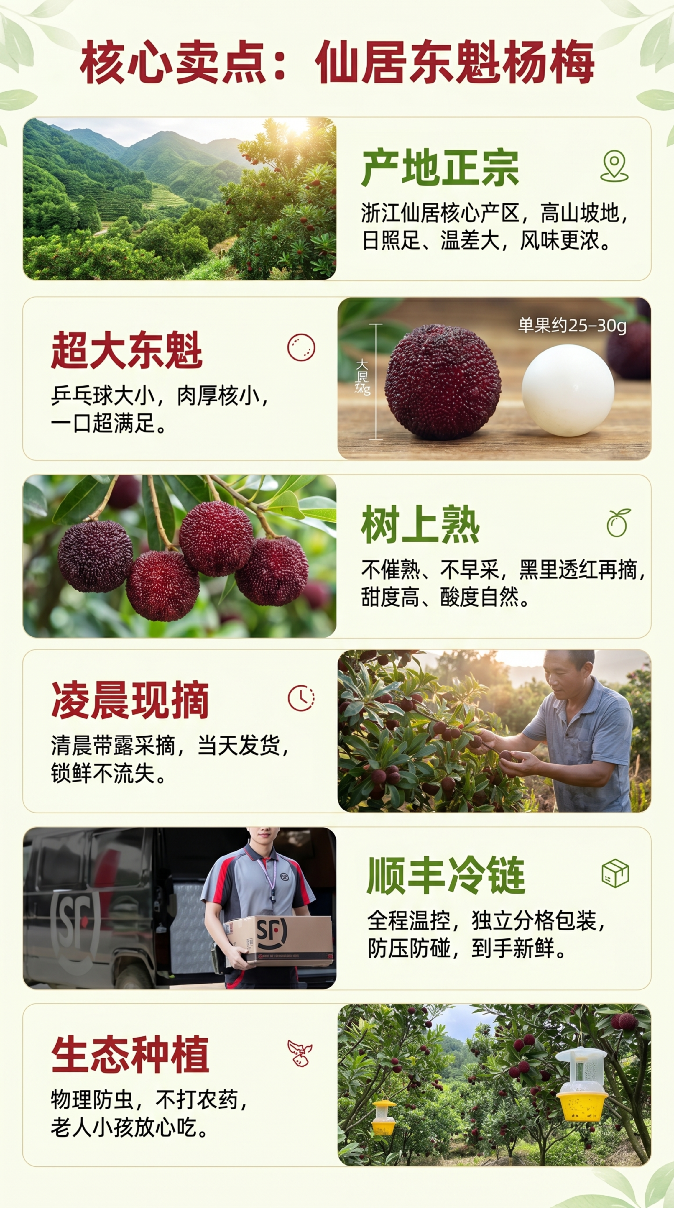 参考提供的详情页案例风格色彩，设计一张9:16的仙居东魁杨梅电… - 图片创意预览