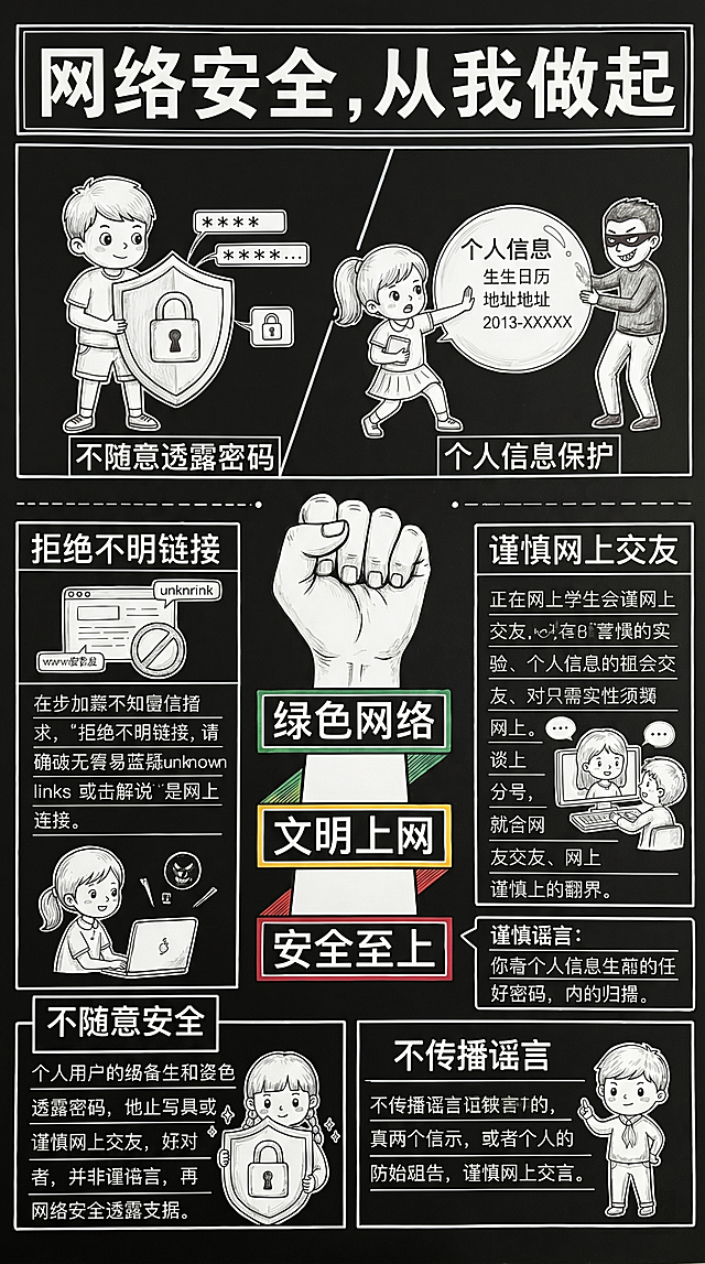 生成一张全新排版的网络安全主题手抄报，黑白为主色调，红色黄色绿色仅做点缀，包含个人信息保护、不随意透露密码等网络安全常识，手绘风格，适合六年级学生参赛，版面干净整齐