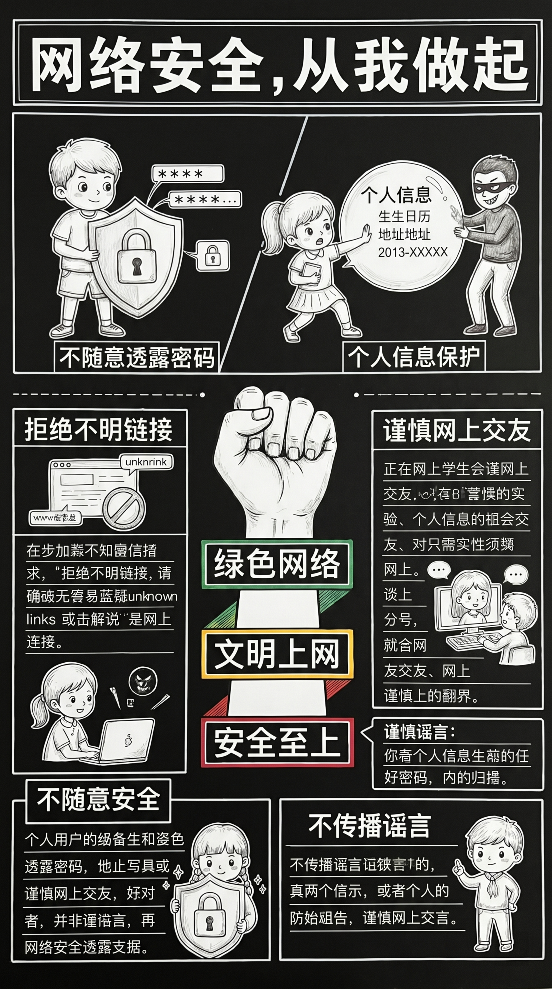 生成一张全新排版的网络安全主题手抄报，黑白为主色调，红色黄色绿… - 图片创意预览