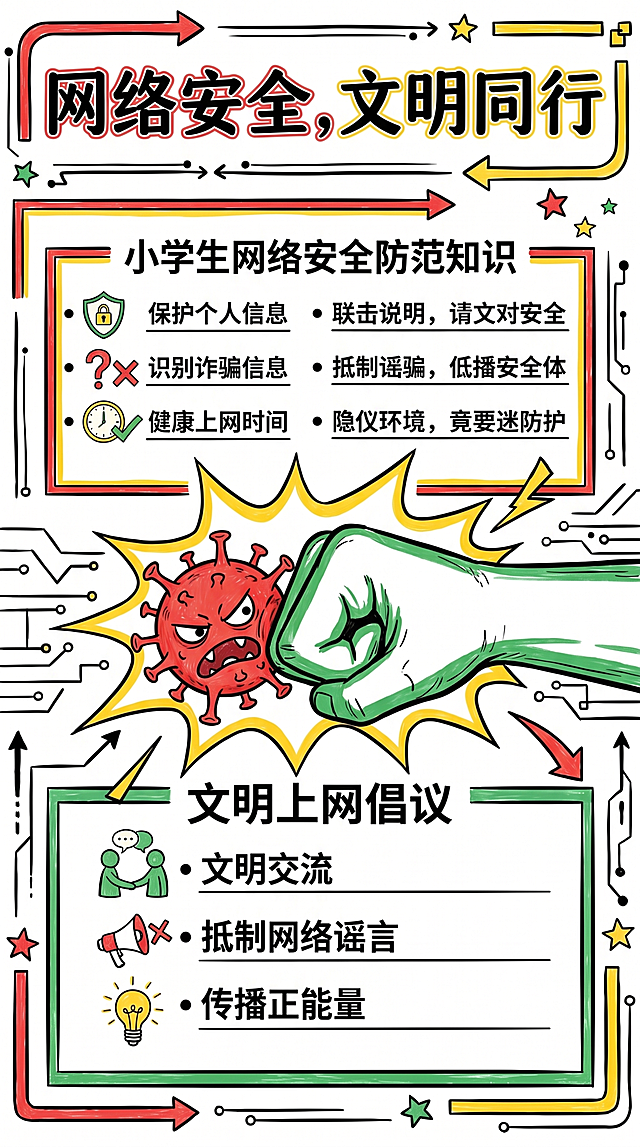 重新生成一张全新布局的网络安全主题手抄报，以黑白为主色调，红色、黄色、绿色做点缀，内容为小学生网络安全防范知识，包含文明上网倡议内容，手绘风格，版面简洁清晰，适合比赛使用