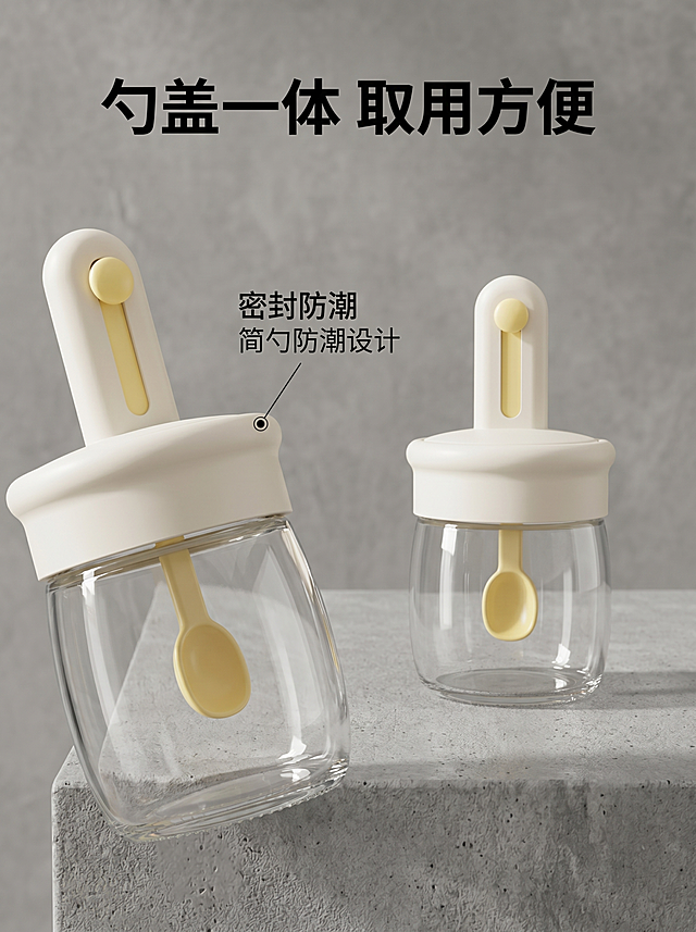 拼多多商品详情图，竖版比例3:4，基于原图调料罐产品，换灰色水泥台面背景，放大展示勺盖一体化设计，突出取用方便、密封防潮卖点，添加文案"勺盖一体 取用方便"，保留产品原外观