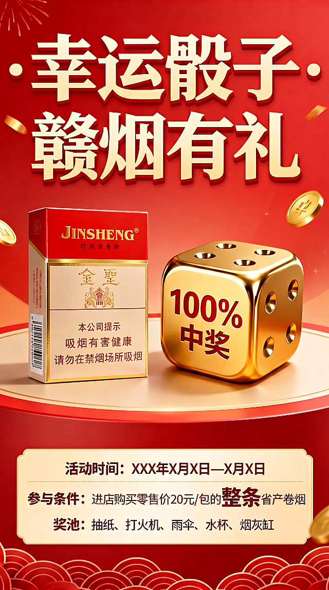 修改海报：1.下方文字内容字体加大；2.‘整条’二字重点突出加粗或放大；3.删除‘江西’二字，仅保留‘省产卷烟’；4.‘奖品’改为‘奖池’；5.整体比例调整为9:16；6.保持原红色喜庆风格、骰子与金圣烟盒元素不变