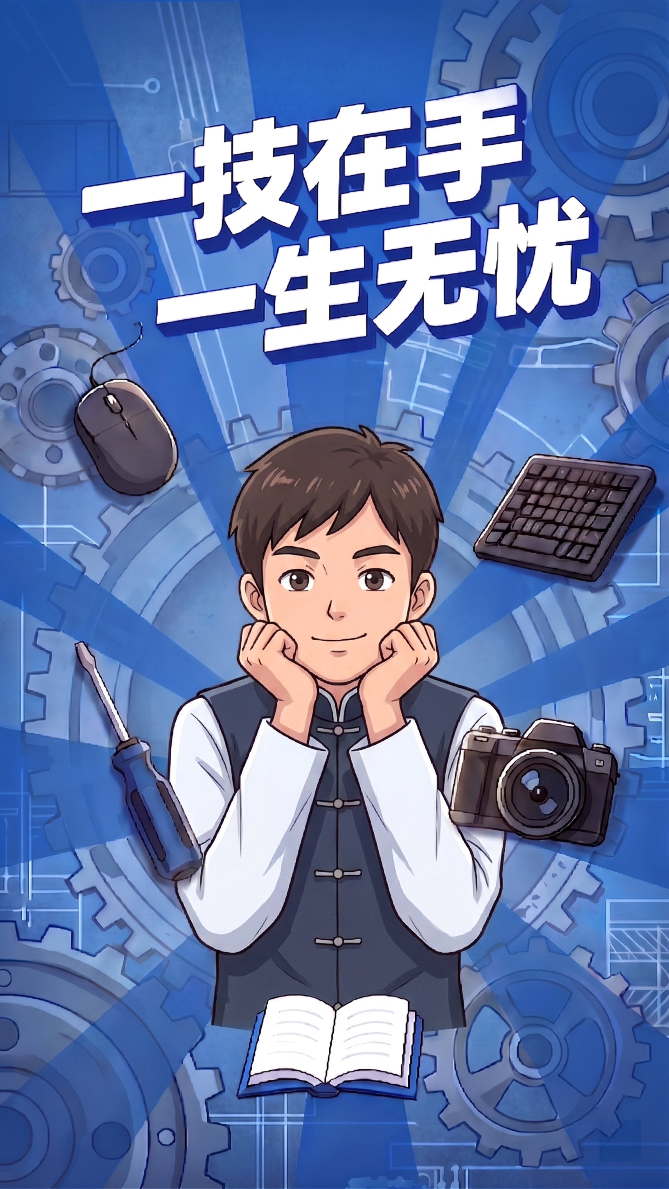 将画面中心的扳手替换为一位2D风格学生：身穿中式校服（如立领白… - 图片创意预览