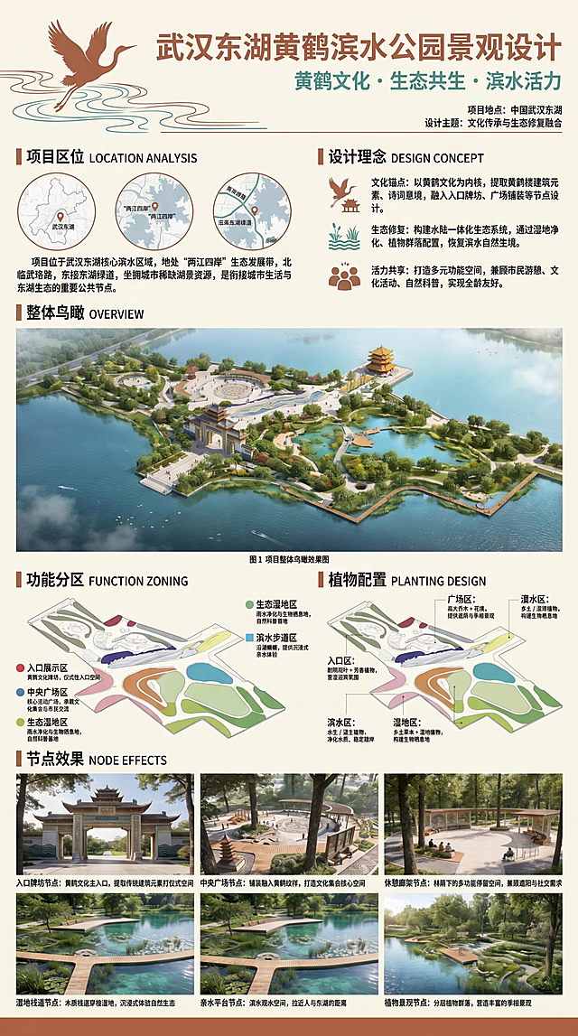 设计一张竖版武汉东湖黄鹤滨水公园景观设计展板，宽度和高度比例严格为1.2:2.4，米白色底色，赭石色标题，青绿色辅助色，新中式风格。整体排版适配竖版比例，重新排列各个板块位置：
1. 顶部通栏全宽：主标题“武汉东湖黄鹤滨水公园景观设计”65pt赭石色加粗，副标题“黄鹤文化・生态共生・滨水活力”30pt青绿色，右下角辅助文字“项目地点：中国武汉东湖 | 设计主题：文化传承与生态修复融合”14pt灰色，左侧添加黄鹤剪影和水波纹线稿装饰
2. 区位分析：上侧左半区域，子标题“项目区位 LOCATION ANALYSIS”24pt赭石色，放置三张区位分析图，下方16pt文字说明“项目位于武汉东湖核心滨水区域，地处 “两江四岸” 生态发展带，北临武珞路，东接东湖绿道，坐拥城市稀缺湖景资源，是衔接城市生活与东湖生态的重要公共节点。”
3. 设计核心理念：上侧右半区域，子标题“设计理念 DESIGN CONCEPT”24pt赭石色，分三点配简约图标：文化锚点：以黄鹤文化为内核，提取黄鹤楼建筑元素、诗词意境，融入入口牌坊、广场铺装等节点设计。生态修复：构建水陆一体化生态系统，通过湿地净化、植物群落配置，恢复滨水自然生境。活力共享：打造多元功能空间，兼顾市民游憩、文化活动、自然科普，实现全龄友好。
4. 整体鸟瞰：中上部区域，子标题“整体鸟瞰 OVERVIEW”24pt赭石色，放置公园整体鸟瞰图，标注“图 1 项目整体鸟瞰效果图”
5. 功能分区规划：中下部左侧区域，子标题“功能分区 FUNCTION ZONING”24pt赭石色，放置公园功能分区示意图，用色块标注对应区域加16pt说明：🔴 入口展示区：黄鹤文化牌坊，仪式性入口空间；🔵 中央广场区：核心活动广场，承载文化集会与市民交流；🟢 生态湿地区：雨水净化与生物栖息地，自然科普基地；🟦 滨水步道区：沿湖蜿蜒，提供沉浸式亲水体验
6. 植物群落设计：中下部右侧区域，子标题“植物配置 PLANTING DESIGN”24pt赭石色，放置植物分区示意图，16pt分区域文字说明：构建 “分区专类植物群落”，适配不同场地微气候与生态需求：入口区：耐阴观叶 + 芳香植物，营造迎宾氛围；广场区：高大乔木 + 花境，提供遮荫与季相景观；滨水区：水生 / 湿生植物，净化水质、稳定驳岸；湿地区：乡土草本 + 湿地植物，构建生物栖息地
7. 节点效果图展示：底部全宽区域，子标题“节点效果 NODE EFFECTS”24pt赭石色，2×3网格排版六张不同的实景效果图，依次使用新提供的两张图片替换原来重复的图片，每张图下方标注对应名称：
入口牌坊节点：黄鹤文化主入口，提取传统建筑元素打造仪式感空间
中央广场节点：铺装融入黄鹤纹样，打造文化集会核心空间
休憩廊架节点：林荫下的多功能停留空间，兼顾遮阳与社交需求 (用新图https://gdesign-dam-hz.dancf.com/36487566737660045/0684270bf9474a50903465b271e838e9.png)
湿地栈道节点：木质栈道穿梭湿地，沉浸式体验自然生态 (用新图https://gdesign-dam-hz.dancf.com/36487568454177855/d6c18b41f185448db6c0194820b0331e.png)
亲水平台节点：滨水观水空间，拉近人与东湖的距离
植物景观节点：分层植物群落，营造丰富的季相景观
各板块之间保留2-3cm留白，所有图片添加1pt浅灰边框，字体：标题思源黑体Bold，正文思源黑体Regular，英文Arial，排版清晰主次分明。