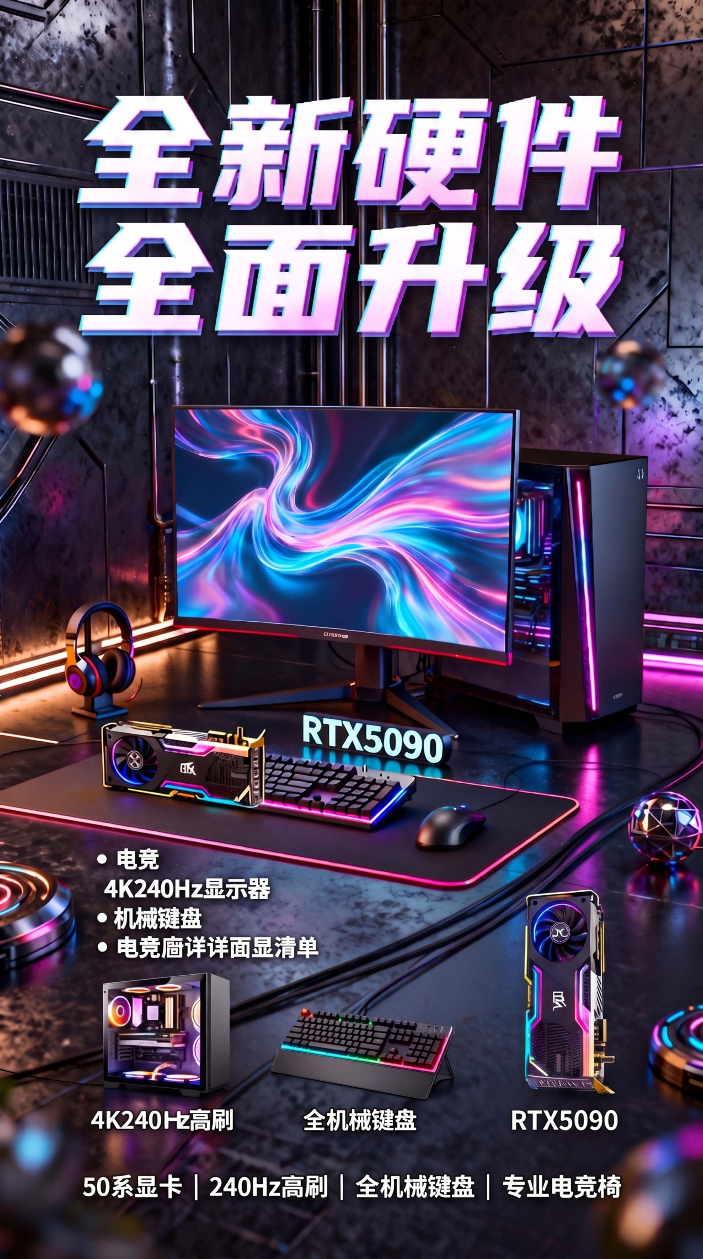 将这张电竞网吧配置升级海报右下角的电竞椅替换为RTX5090独… - 图片创意预览