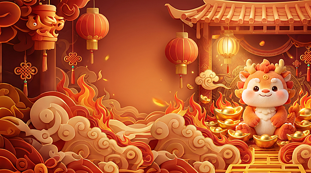 图中毛绒卡通小龙从画面中央移至最右侧，保持原有姿态与细节；背景元素（金元宝、火焰、云彩、灯笼、中国结、雕花门框等）根据小龙新位置重新构图布置：左侧留出视觉空间，增强层次感与纵深感，整体仍为喜庆国潮风，保留暖橙红主色调、金色高光与火云氛围，无水元素。画面比例保持原尺寸不变。高清超清质感。