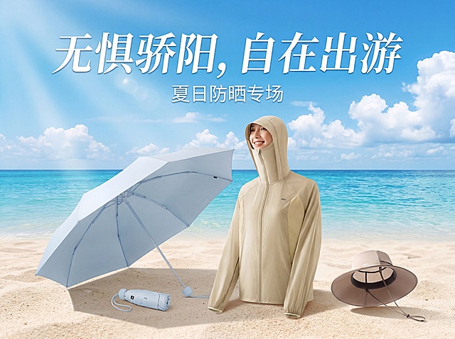 防晒主题电商海报，将提供的防晒衣、遮阳伞、防晒帽三个防晒产品放在画面中，清新夏日风格，阳光蓝天背景，设计清爽简洁，主色调为浅米色和浅蓝色，突出防晒主题，构图平衡。添加主标题"无惧骄阳，自在出游"，副标题"夏日防晒专场"