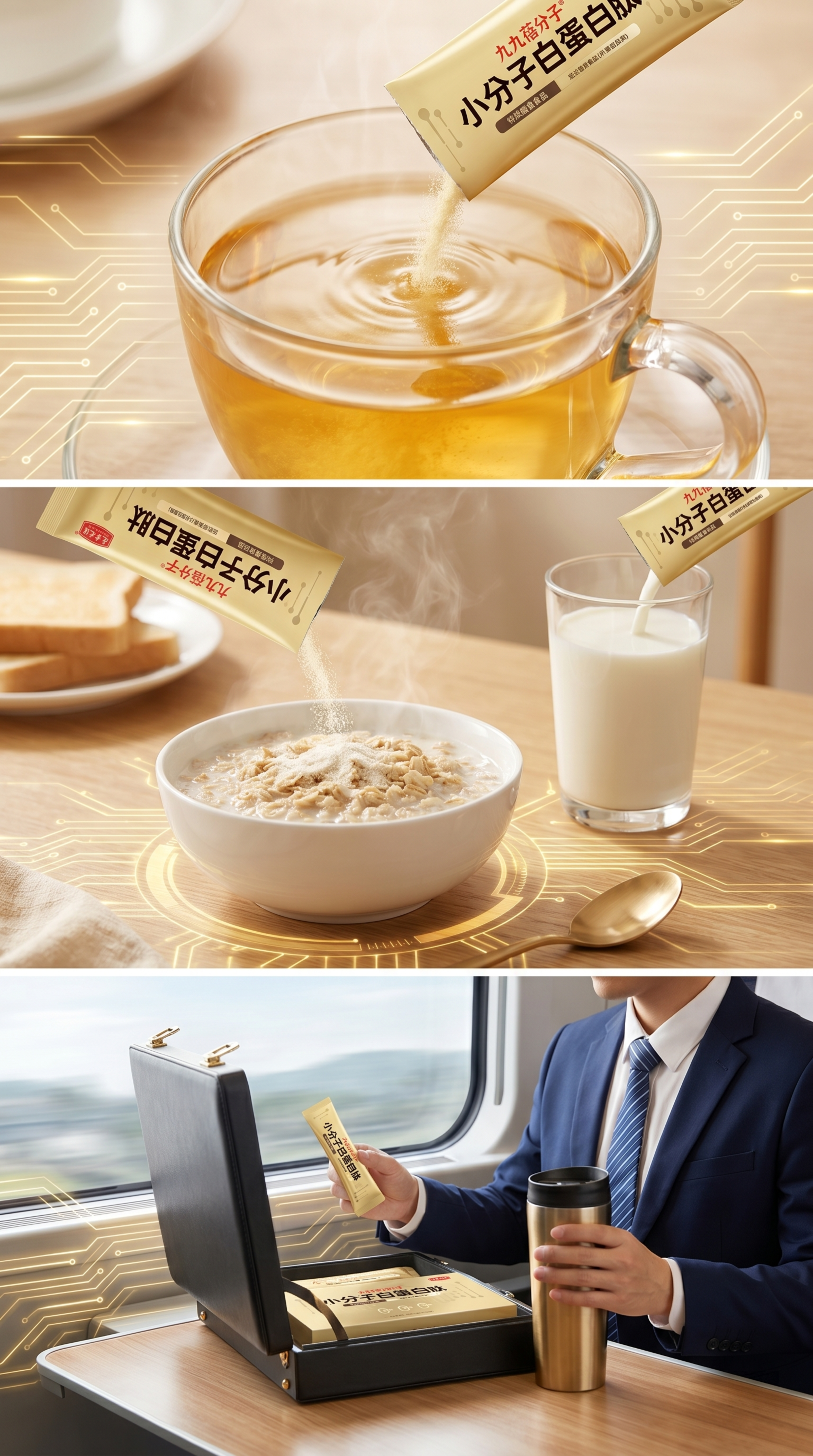 科技生活化场景，分三格展示，第一格是温水冲泡产品特写，第二格是… - 图片创意预览