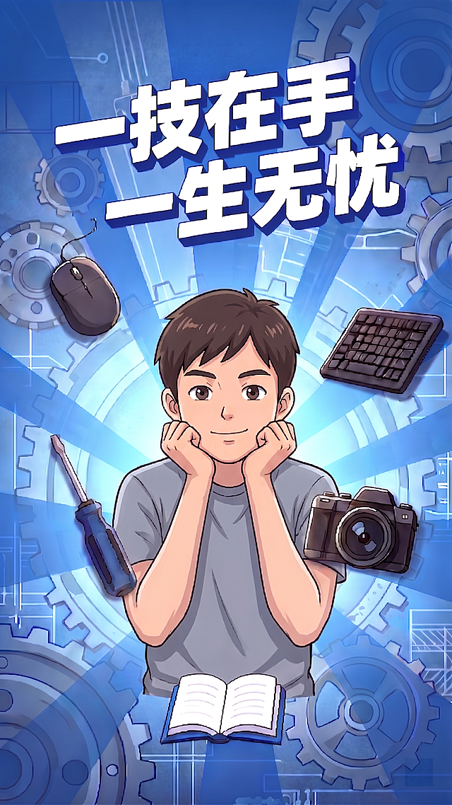 将画面中央的学生人物适当缩小（约占原尺寸70%），服装改为灰色短袖T恤，背景在人物后方略作提亮以增强层次感；学生仍为双手托下巴、面带微笑、正视前方的2D风格形象；其余元素（文案'一技在手一生无忧'、鼠标、键盘、螺丝刀、相机、书本、齿轮背景）全部保留不变