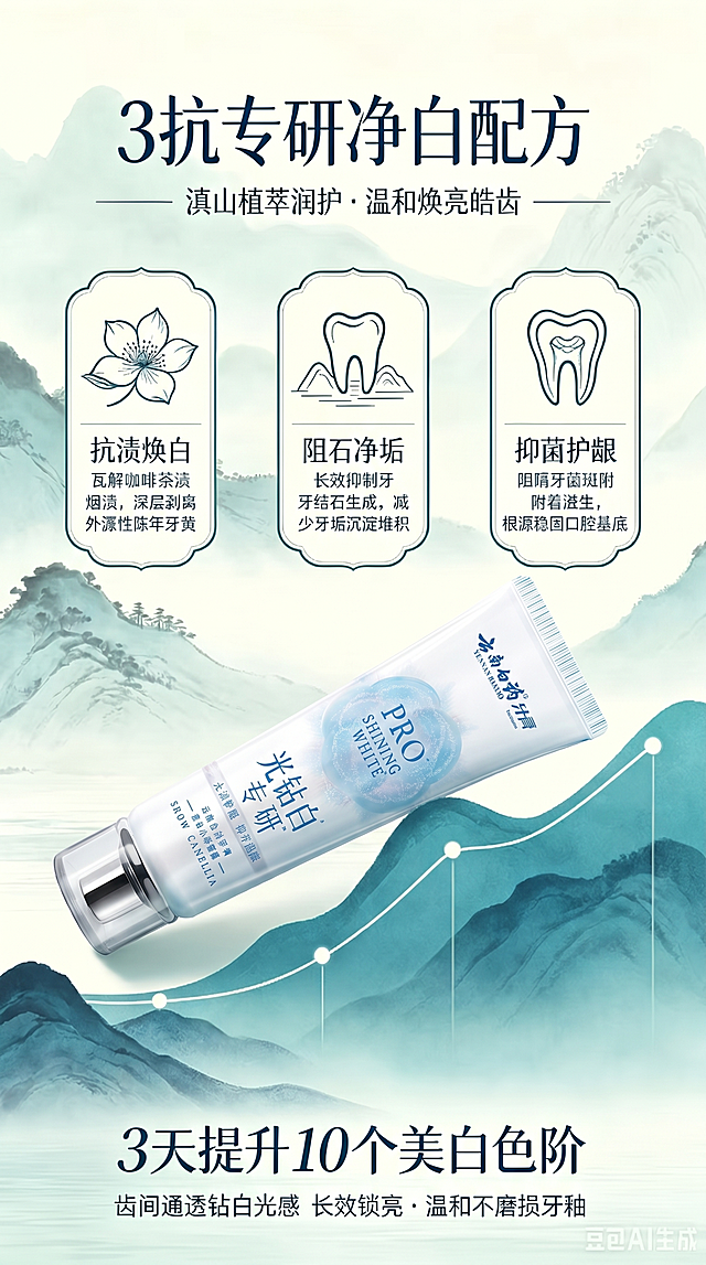 将海报斜放在山脉上的原牙膏替换为第二张图片的云南白药光钻白专研牙膏，替换后严格保留新牙膏的正确形态、比例、不拉伸不挤压不变形，完整保留所有文字信息、包装结构、颜色和材质。保持原海报斜放摆放角度、位置、所有原有文案、三个功效框、国风水墨山水背景和增长曲线不变，调整光影让牙膏自然融入，和整体国风风格统一。