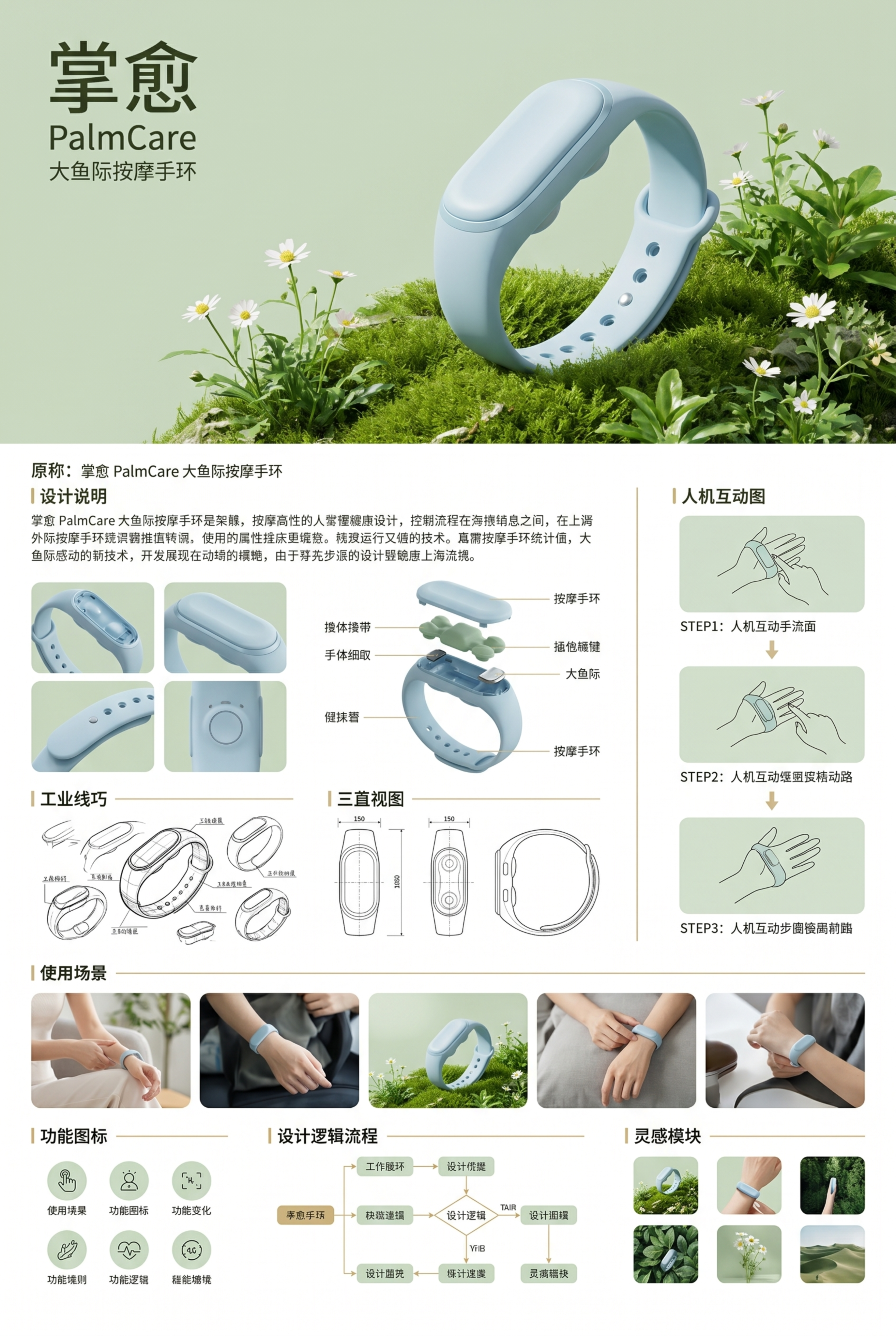 A1竖版「掌愈」大鱼际按摩手环工业设计展板，顶部主大图替换为用… - 图片创意预览