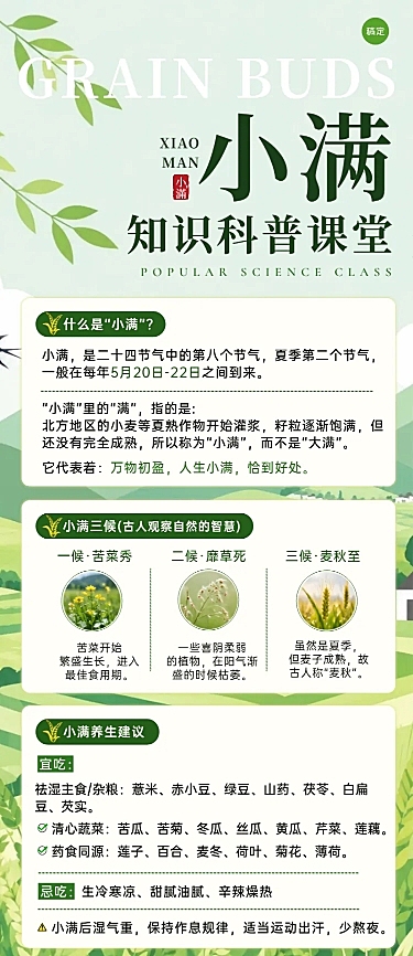 小满节气养生知识科普清新感长图海报AIGC