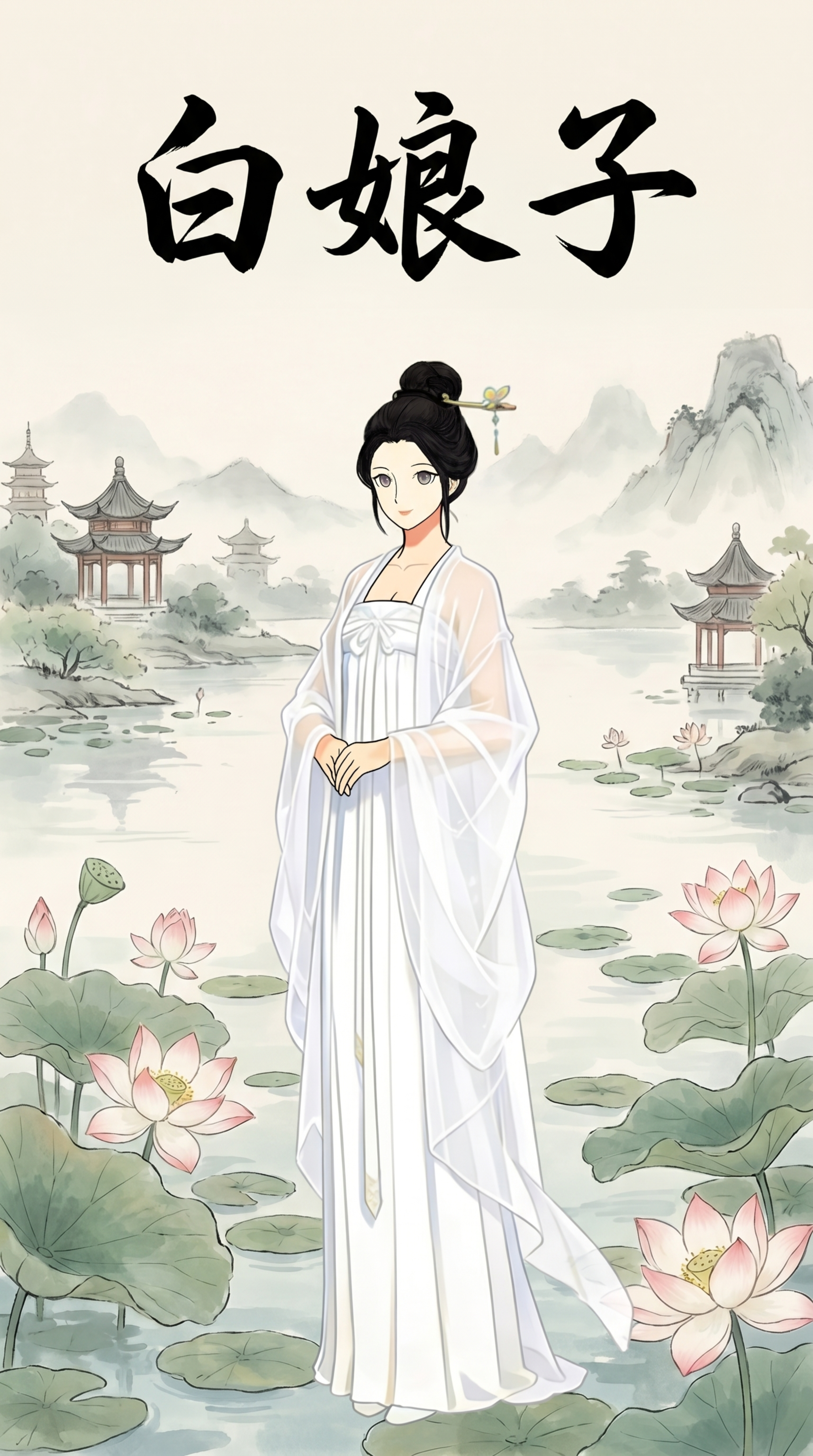 古风角色海报，白娘子是穿白色齐胸襦裙的古典美人，淡色西湖荷花背… - 图片创意预览