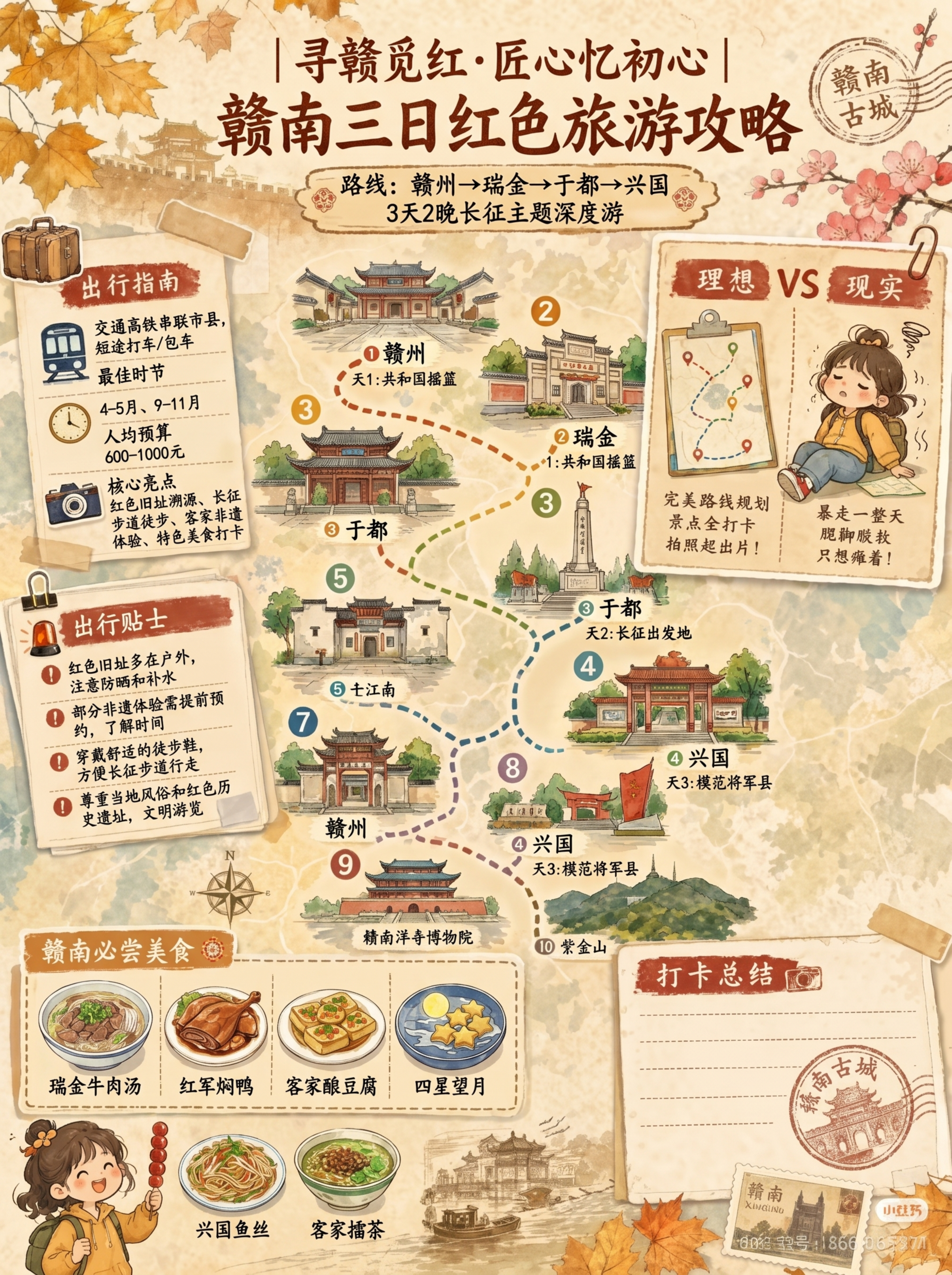 参考这张南京旅游攻略图片的模板和复古水彩手绘风格，生成一张赣州… - 图片创意预览