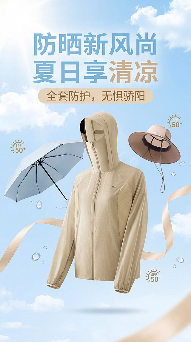 防晒主题电商海报，将提供的防晒衣、遮阳伞、防晒帽三个防晒产品放在画面中，清新夏日风格，阳光蓝天背景，设计清爽简洁，主色调为浅米色和浅蓝色，突出防晒主题，构图平衡