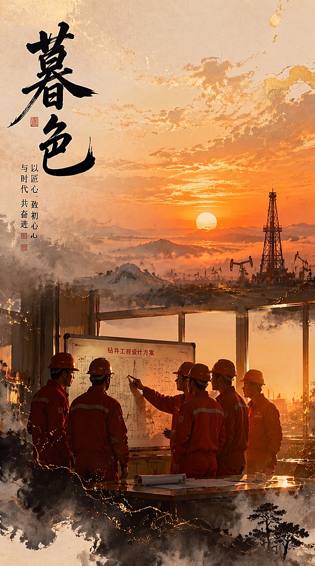 基于原图修改，移除窗户玻璃上多余的太阳，只保留远景天空里的一个太阳，保持其余内容完全不变：竖版新中式国潮水墨鎏金风格，石油工人身着红色工装围在白板前研讨，窗外远景是落日夕阳、石油井架和水墨远山，左侧保留书法大字标题"暮色"和小字"以匠心 致初心 与时代 共奋进"，维持原有的暖橙金调、鎏金水墨质感、构图和整体风格，保留全部文字和人物细节